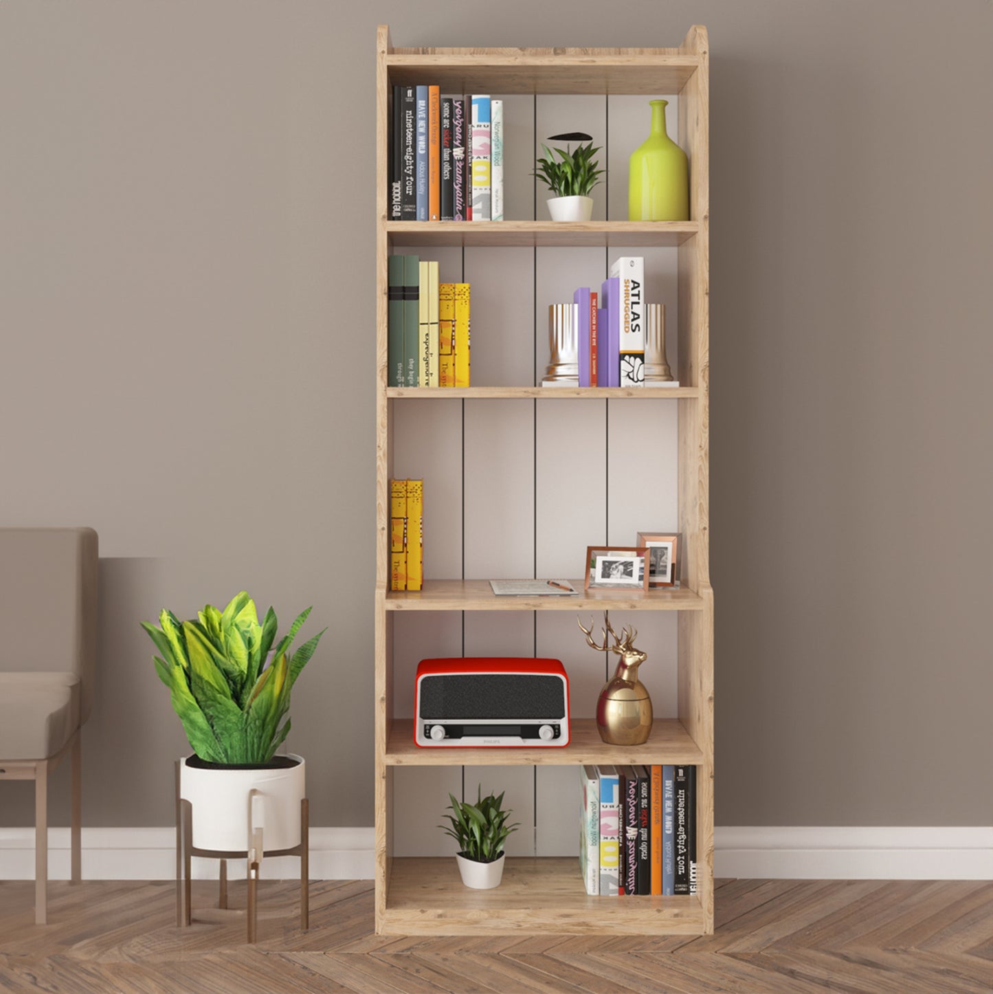 Bookcase Neat Hm18194.04 Melamine In Antural Wood Color 60x30x180hcm.