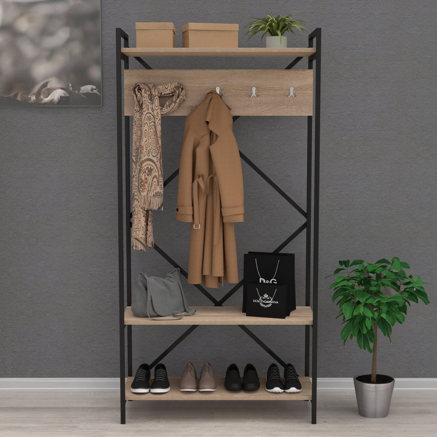 Entrance Furniture Navis Hm18188 Melamine In Sonama-black Metal Frame 90x34x180hcm.