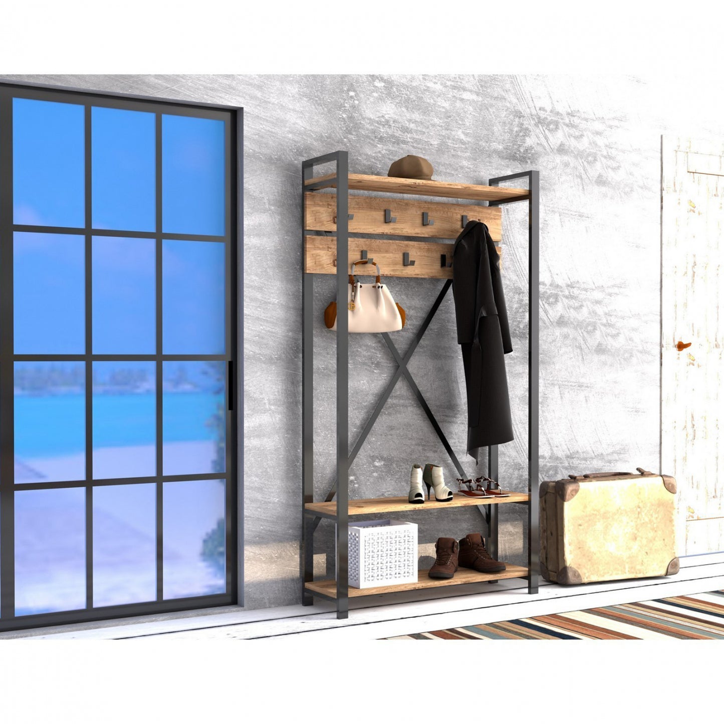 Entrance Furniture Hm8943.01 Natural Wood & Black 90x34x180 Cm.