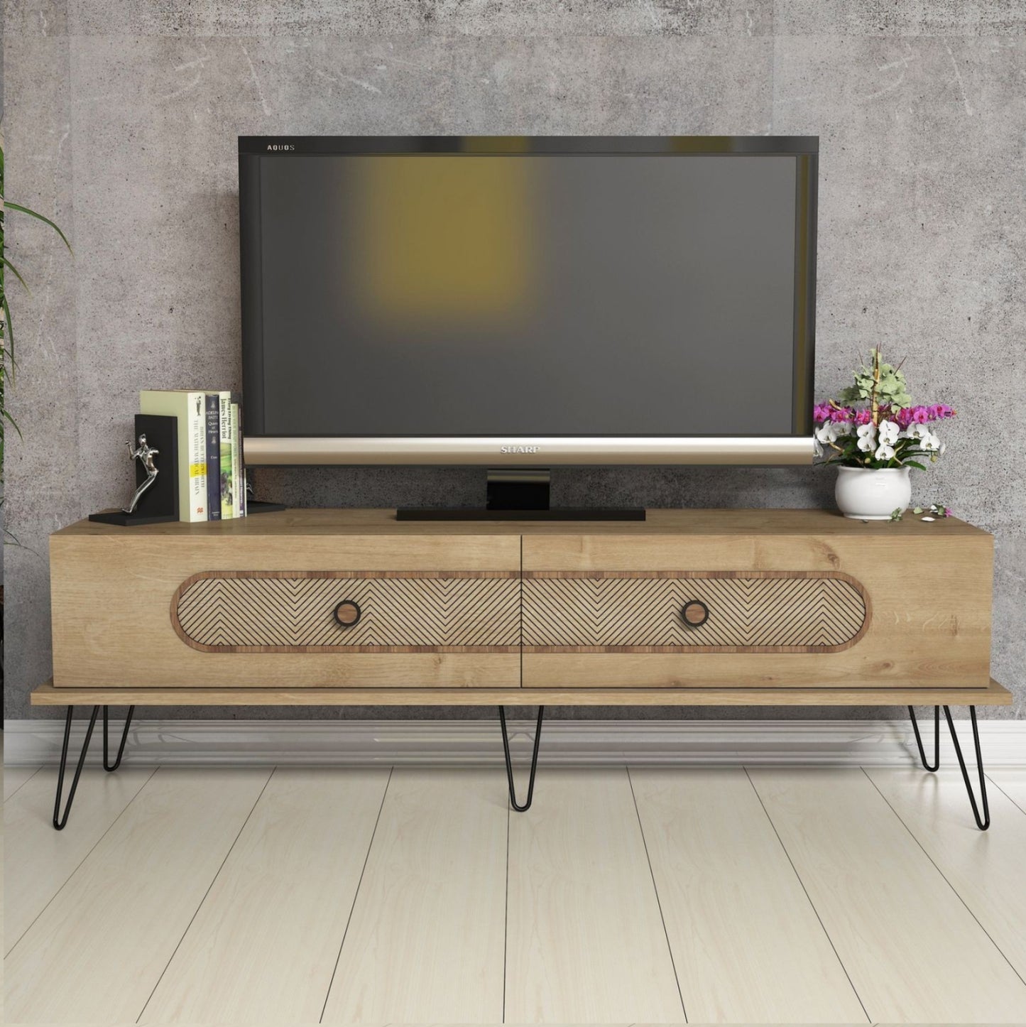 Tv Stand Hm9511.02 Melamine In Natural Oak Color Metal Legs 145x40x45hmcm.