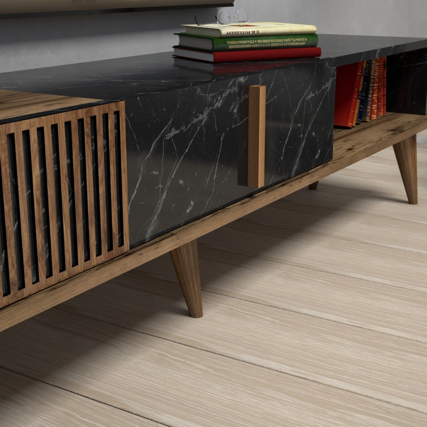 Tv Stand Hm9512.02 Melamine Walnut And Black Marble-look 180x35x40hcm.