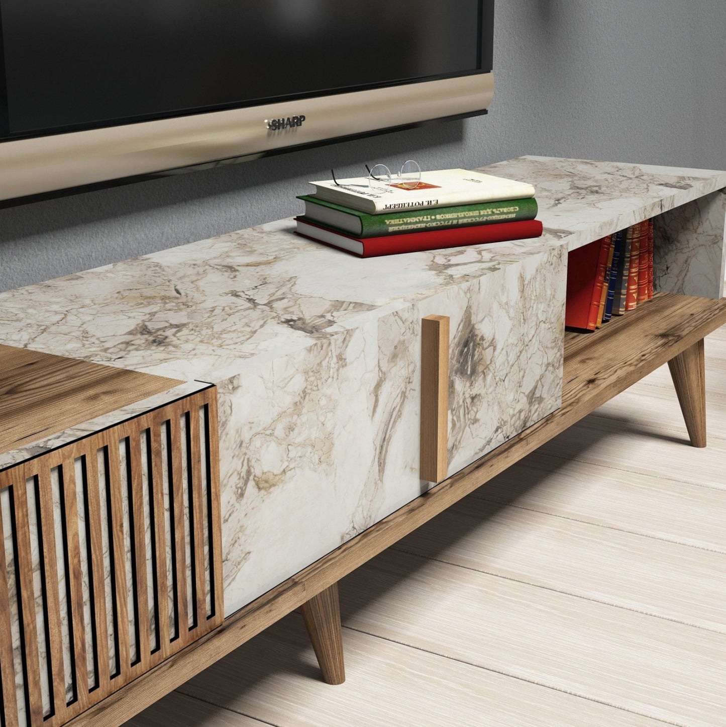 Tv Furniture Melamine In Walnut And White Marble 180x35x40hcm.hm9438.01