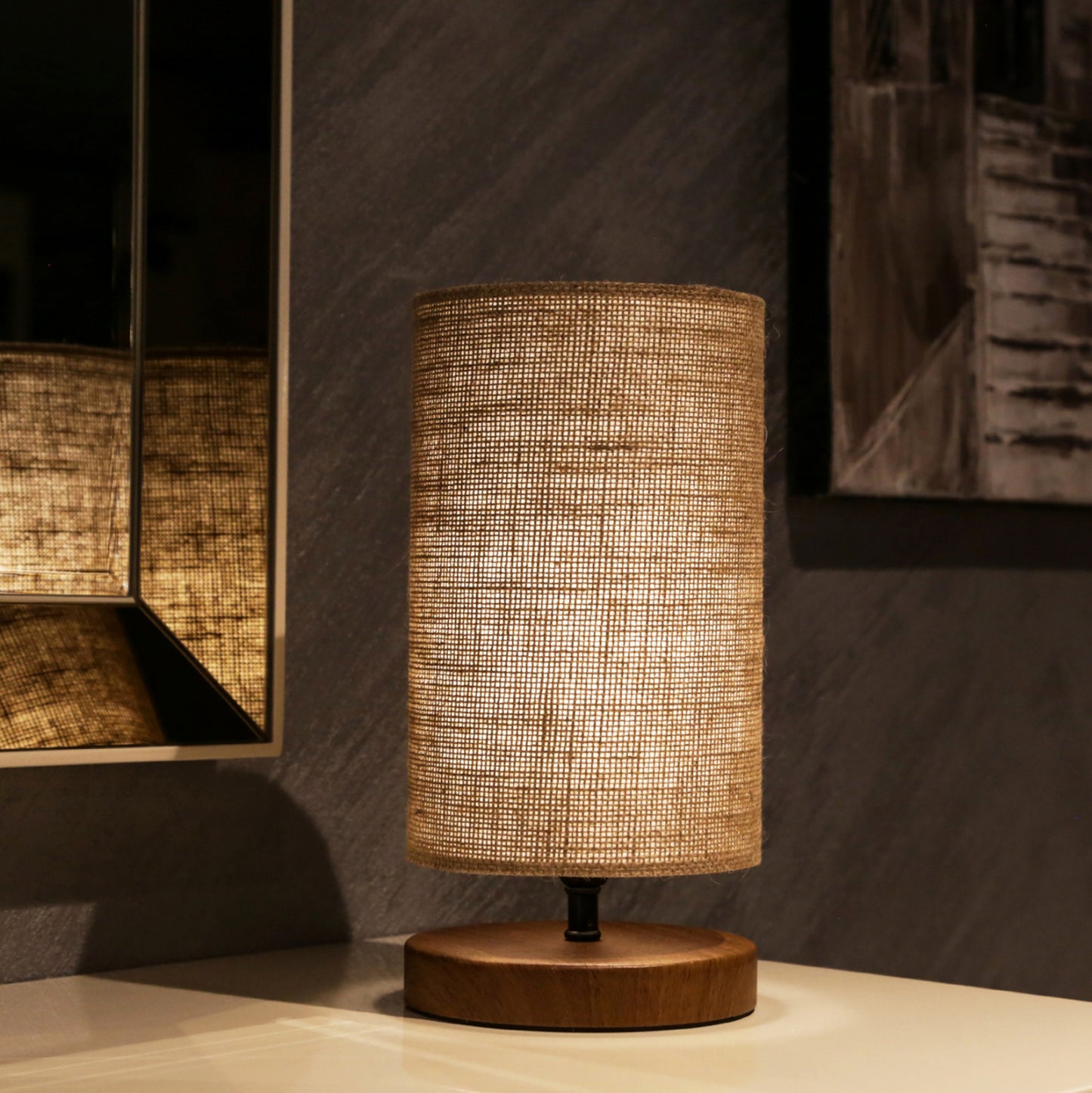 Table Lamp Hm7596.01 Brown Base, Sand Colored Wicker Cap