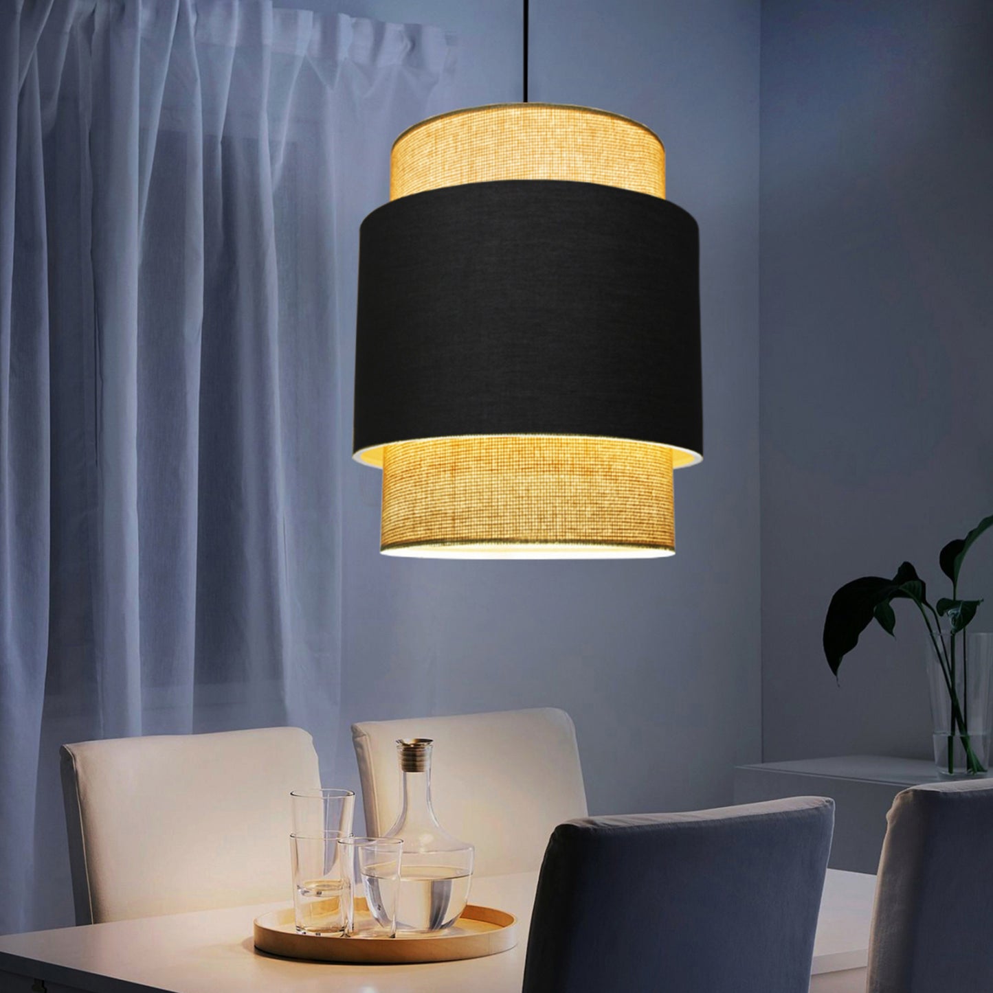 Pendant Ceiling Lamp Hm7627.02 Two-layer Fabric Drum, Metal Frame