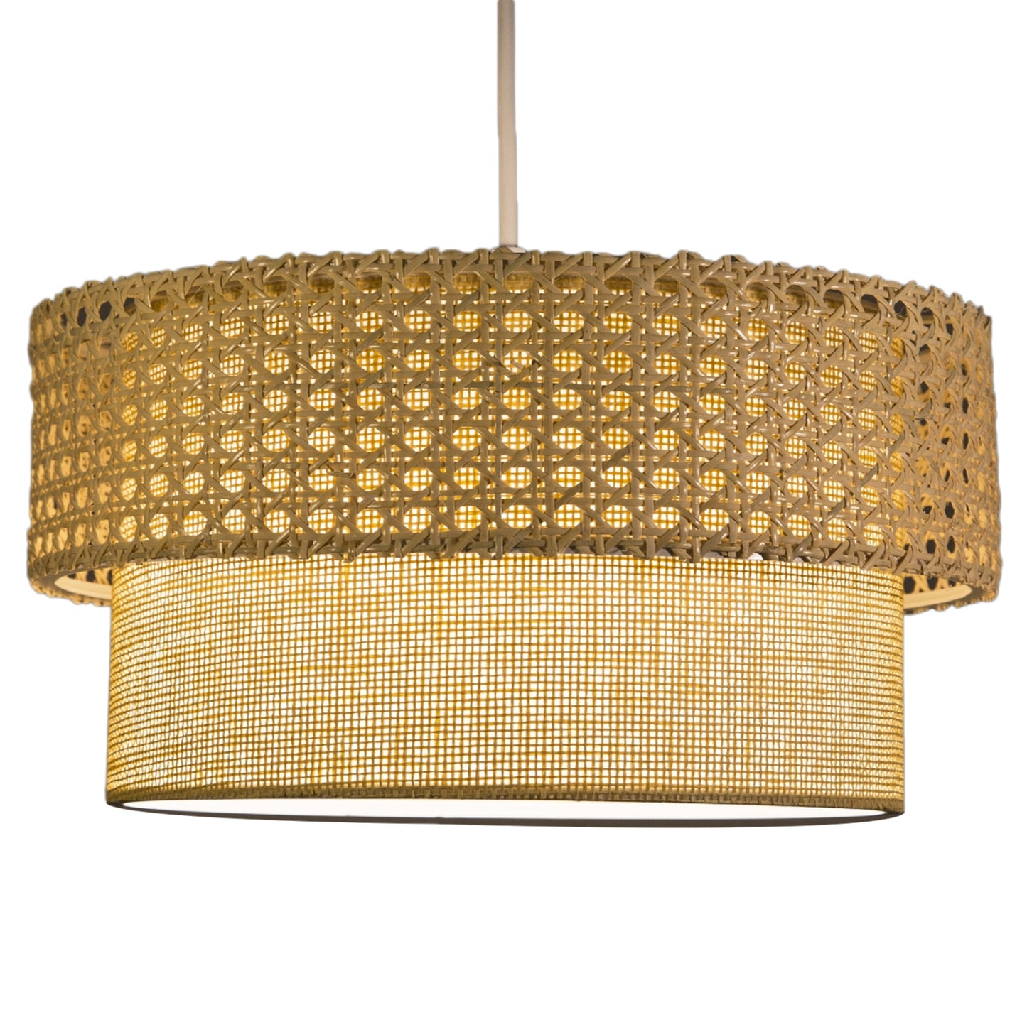 Pendant Ceiling Lamp Hm7629.01 Two-layer Drum-rattan And Fabric, Metal Frame