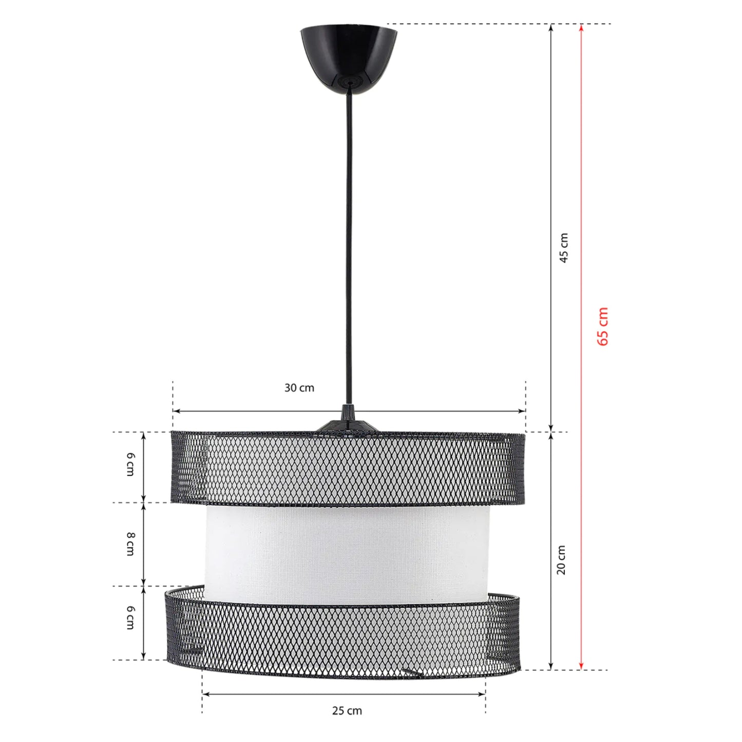 Ceiling Pendant Fb97658.01, Black Metal, White Fabric, Φ30x65