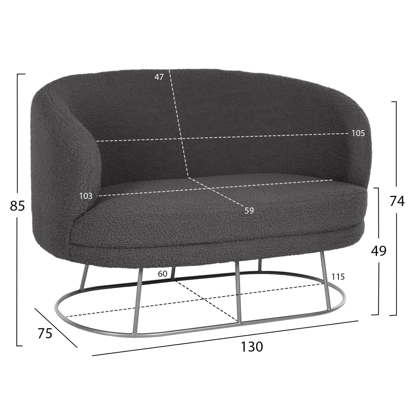 Sofa 2-seater Arien Hm8492.21 Grey Boucle Fabric And Silver Metal Base 130x75x85hcm.