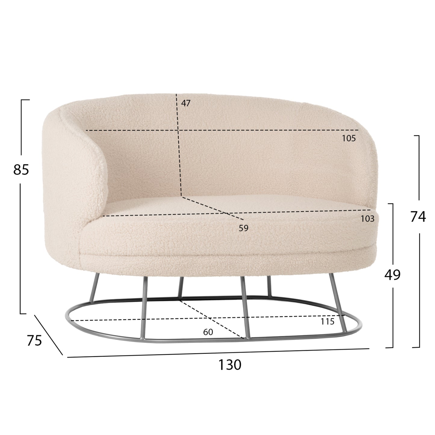 Sofa 2-seater Arien Hm8492.23 White Boucle Fabric And Silver Metal Base 130x75x85hcm.