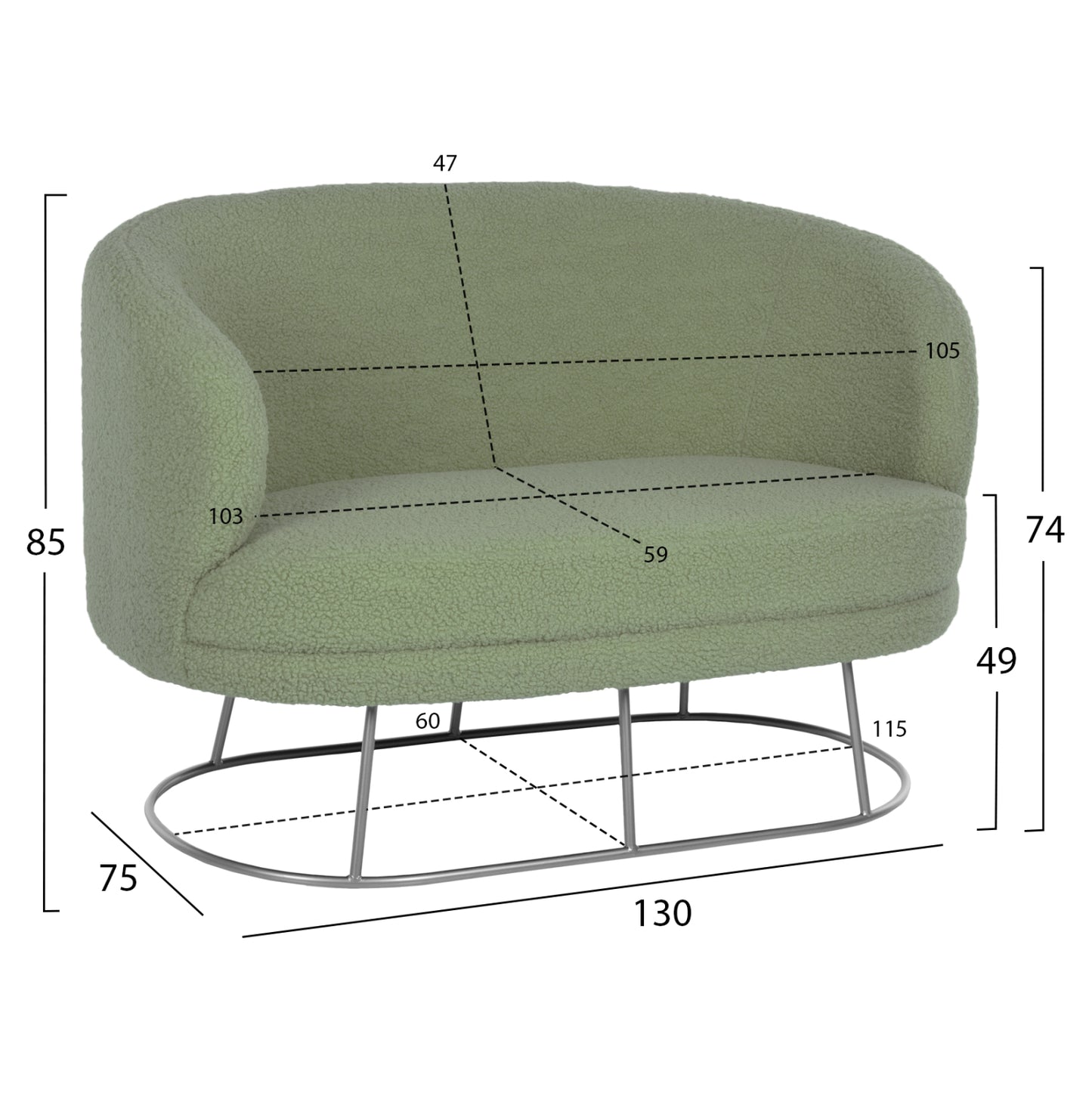 Sofa 2-seater Arien Hm8492.27 Pistachio Green Boucle Fabric And Silver Metal Base 130x75x85hcm.