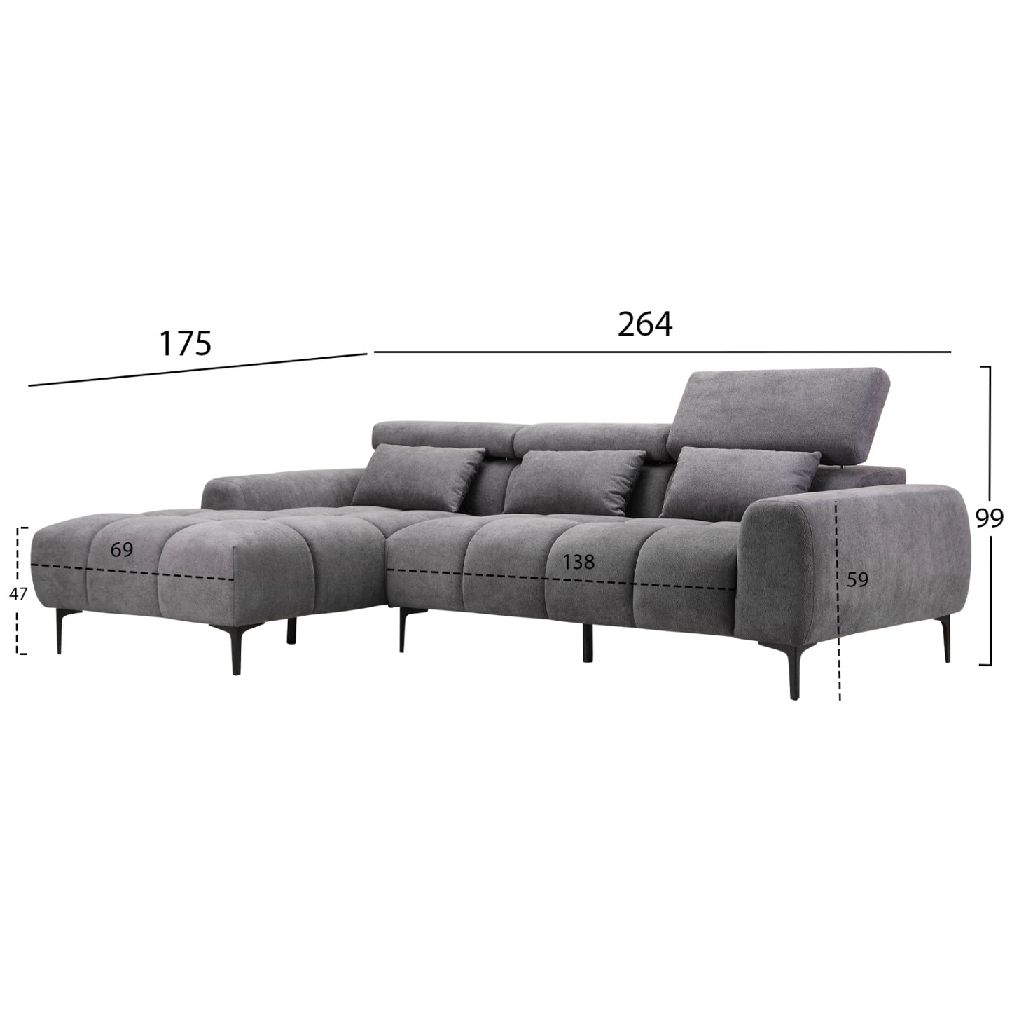 Corner Sofa Left Divya Hm3267.12l Grey Fabric 264x175x99hcm.