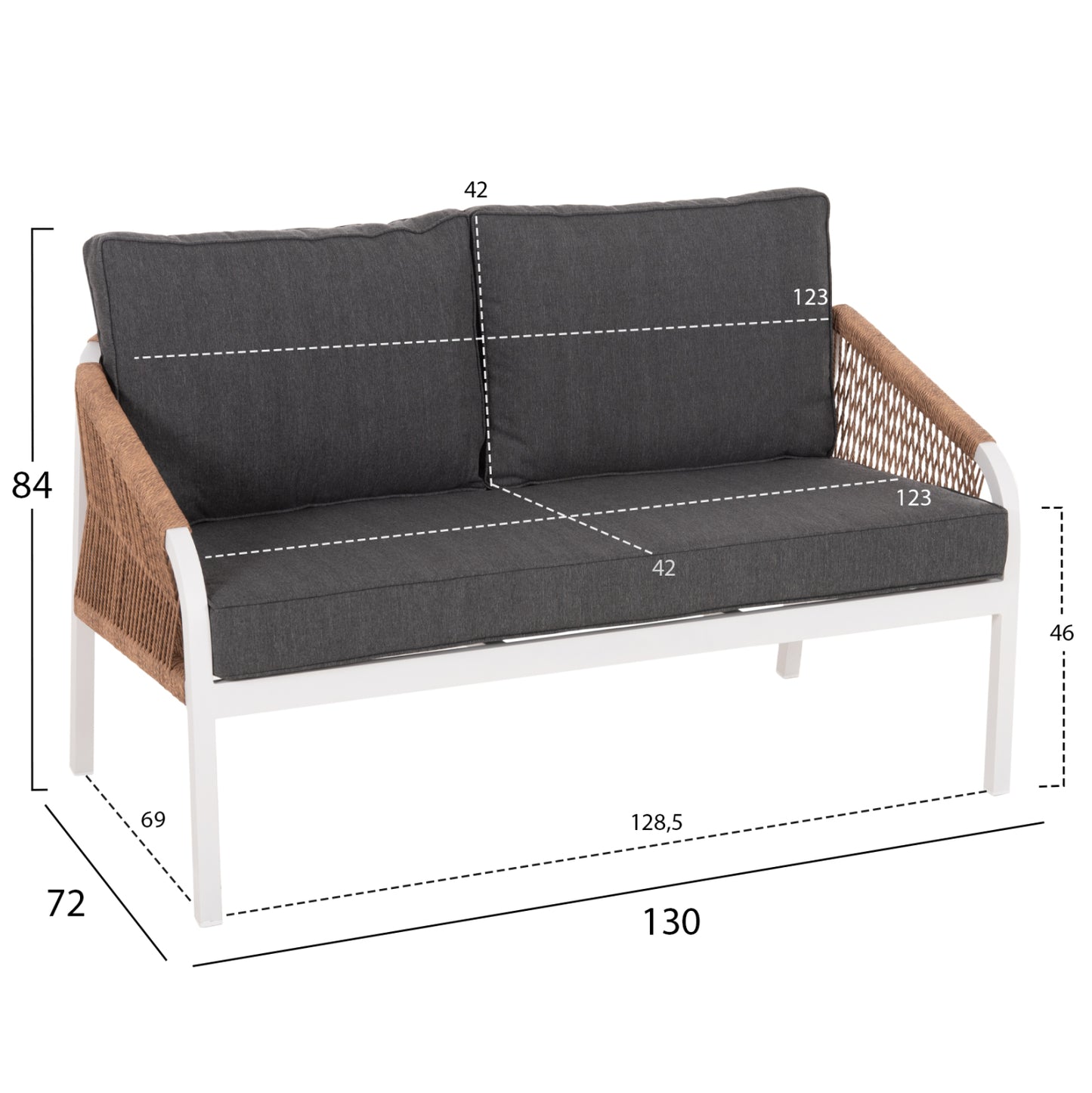Outdoor Sofa 2-seater Maerly Hm6116.01 Aluminum In White-dark Beige Synthetic Rope-anthracite Cushions