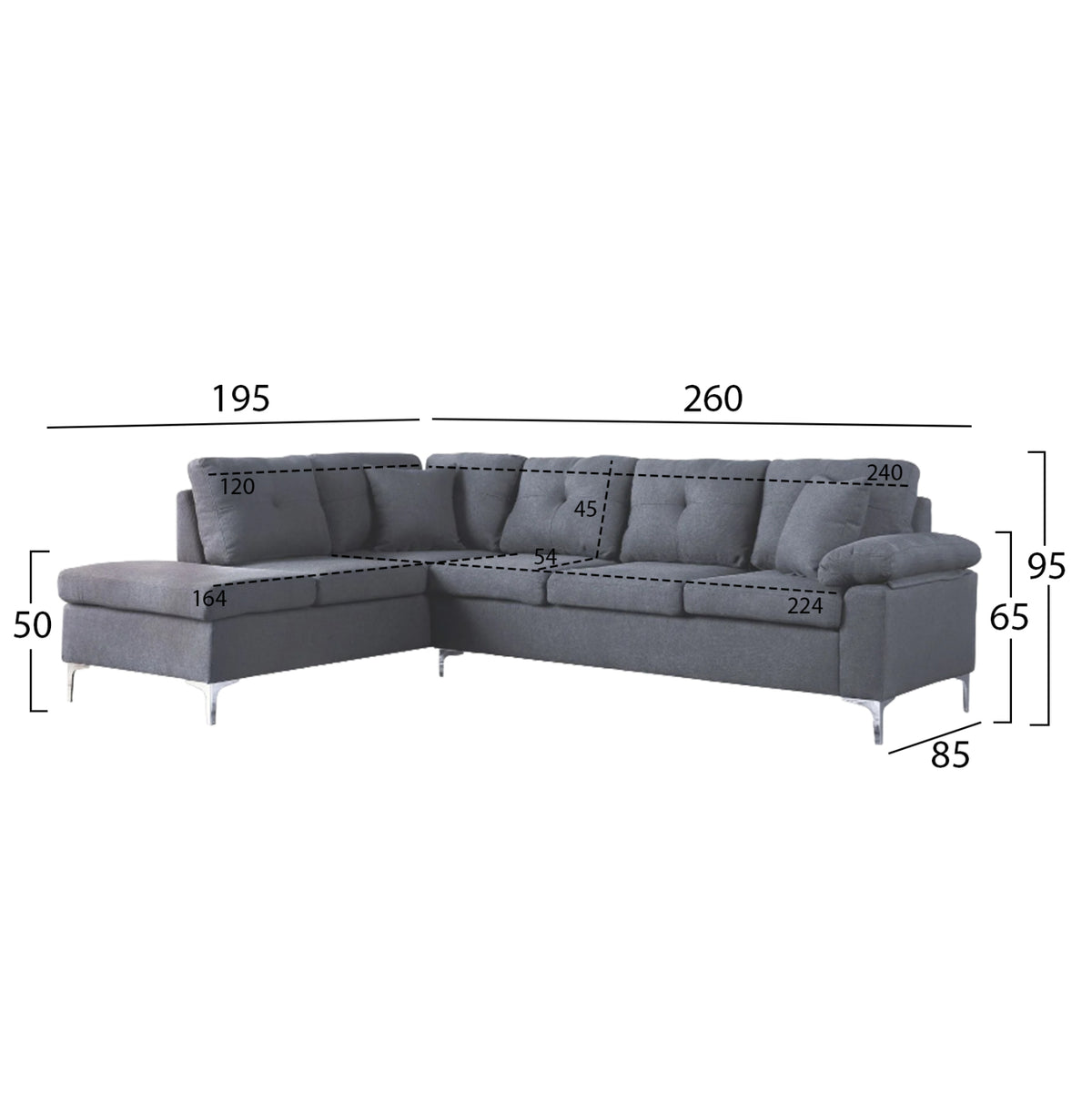 Left Corner Sofa 282x197x90h Cm Hm3087l Grey