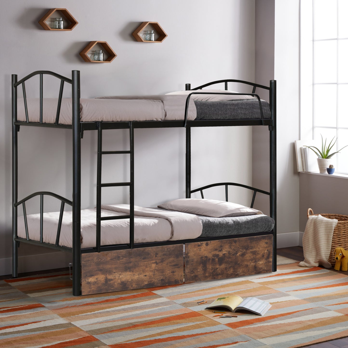 Bunk Bed Floor Hm21122 Metal In Black With Floor Drawers Brown 200x91.5x177.5hcm.