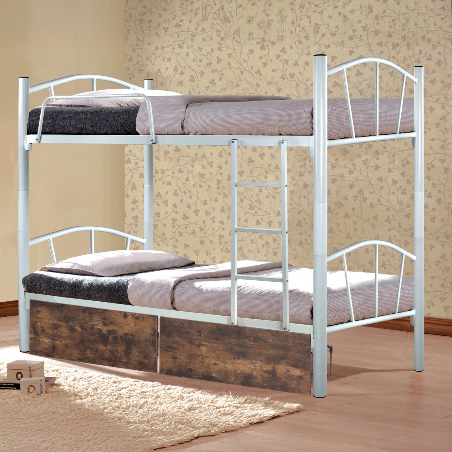 Bunk Bed Floor Hm21123 Metal In White With Floor Drawers Brown 200x91.5x177.5hcm.