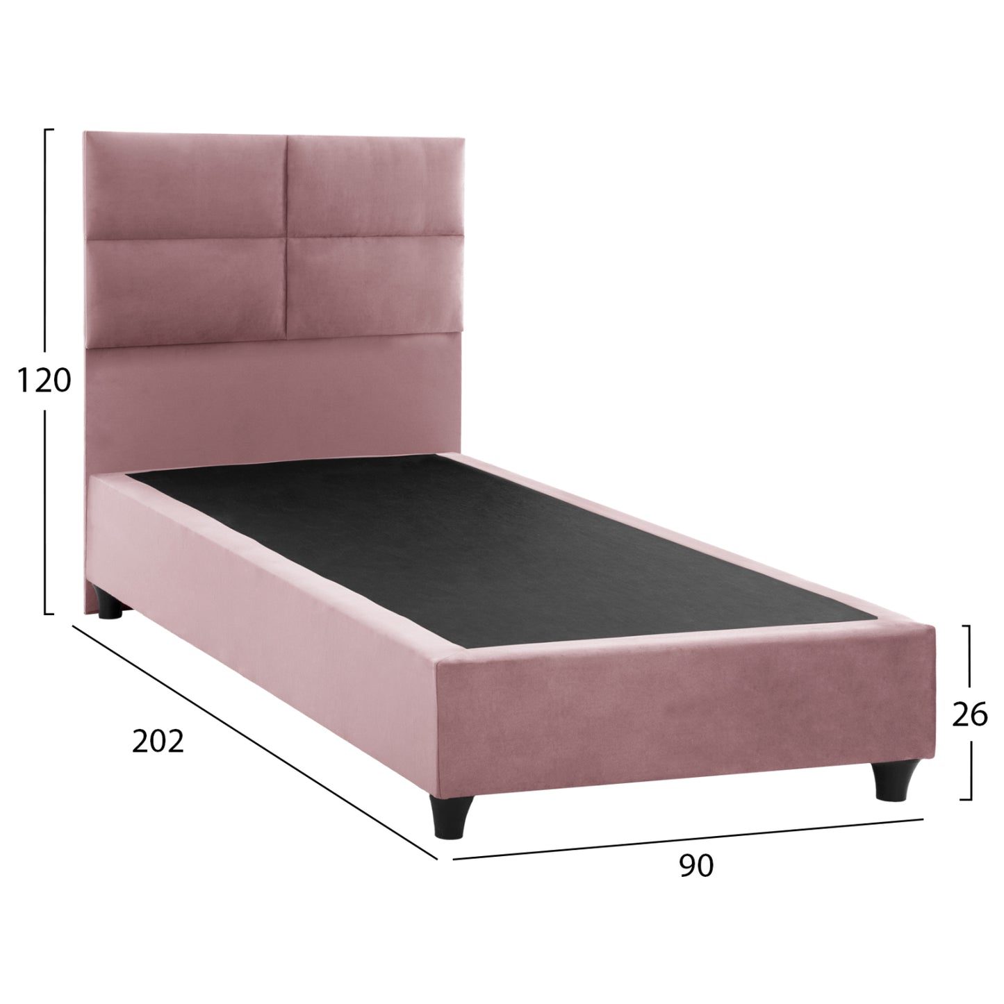 Hm652.12 Bed Milo, Dusty Pink Velvet, 90x200cm