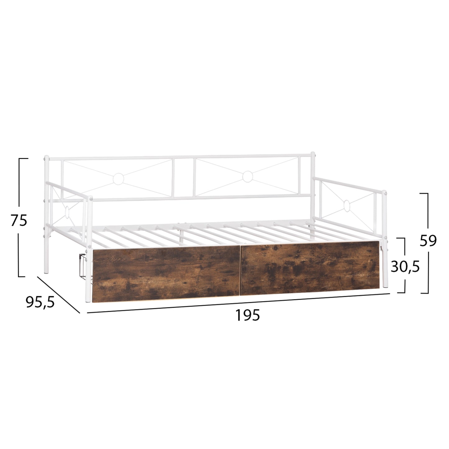 Sofa-bed Bernie Hm21121.01 Metal Frame In White & Drawers- For Mattress 190x90cm.