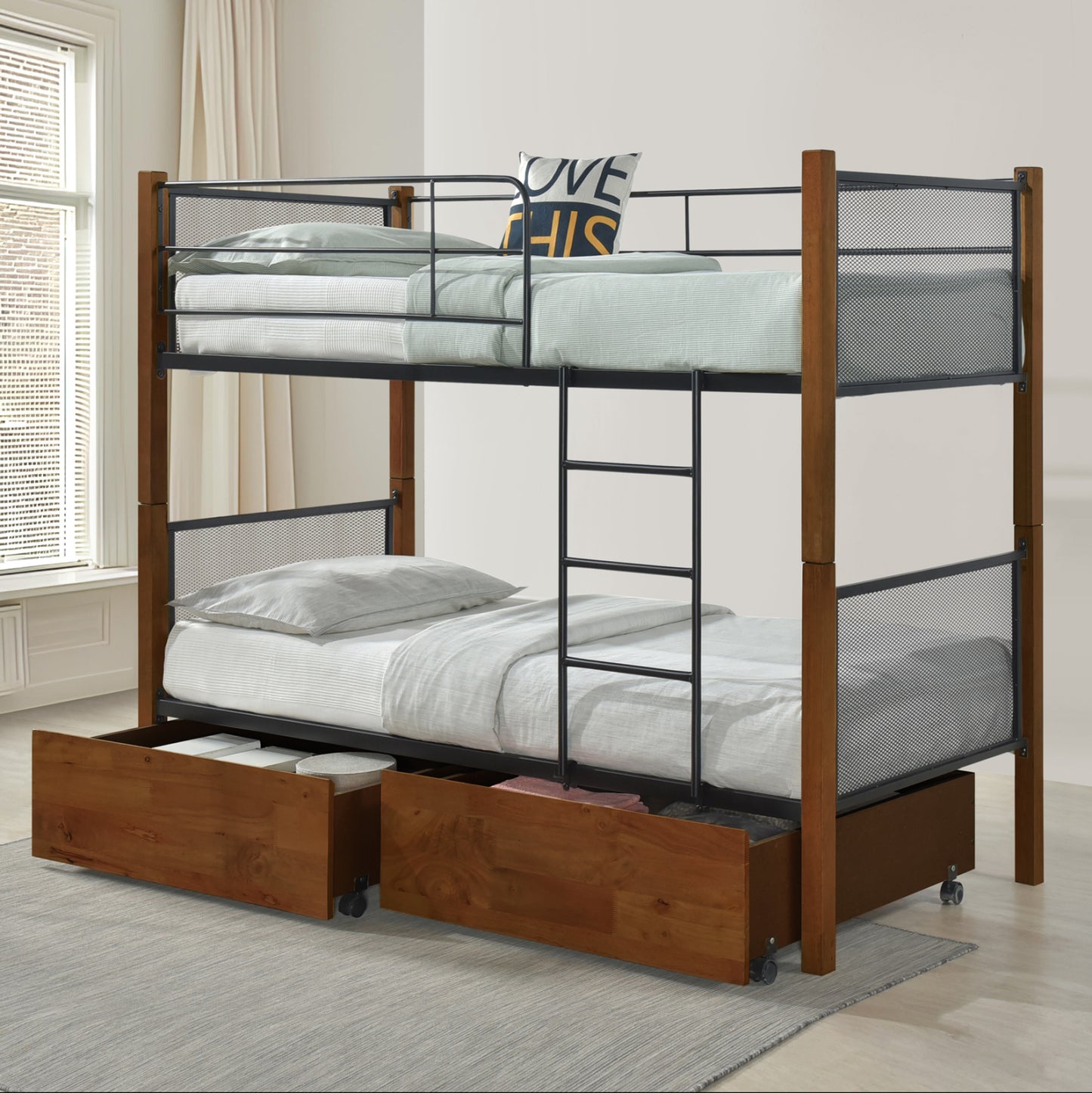 Bunk Bed With Floor Drawers Rayven Hm21119 Wood-metal--for Mattress 90x190cm.