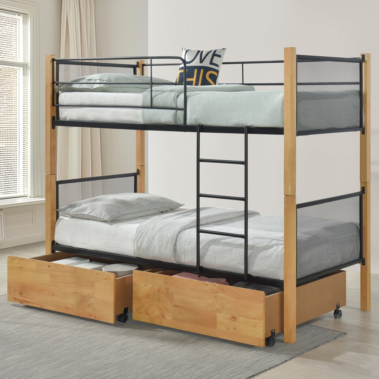 Bunk Bed With Floor Drawers Rayven Hm21119.02 Wood In Beech Color-metal--for Mattress 90x190cm.