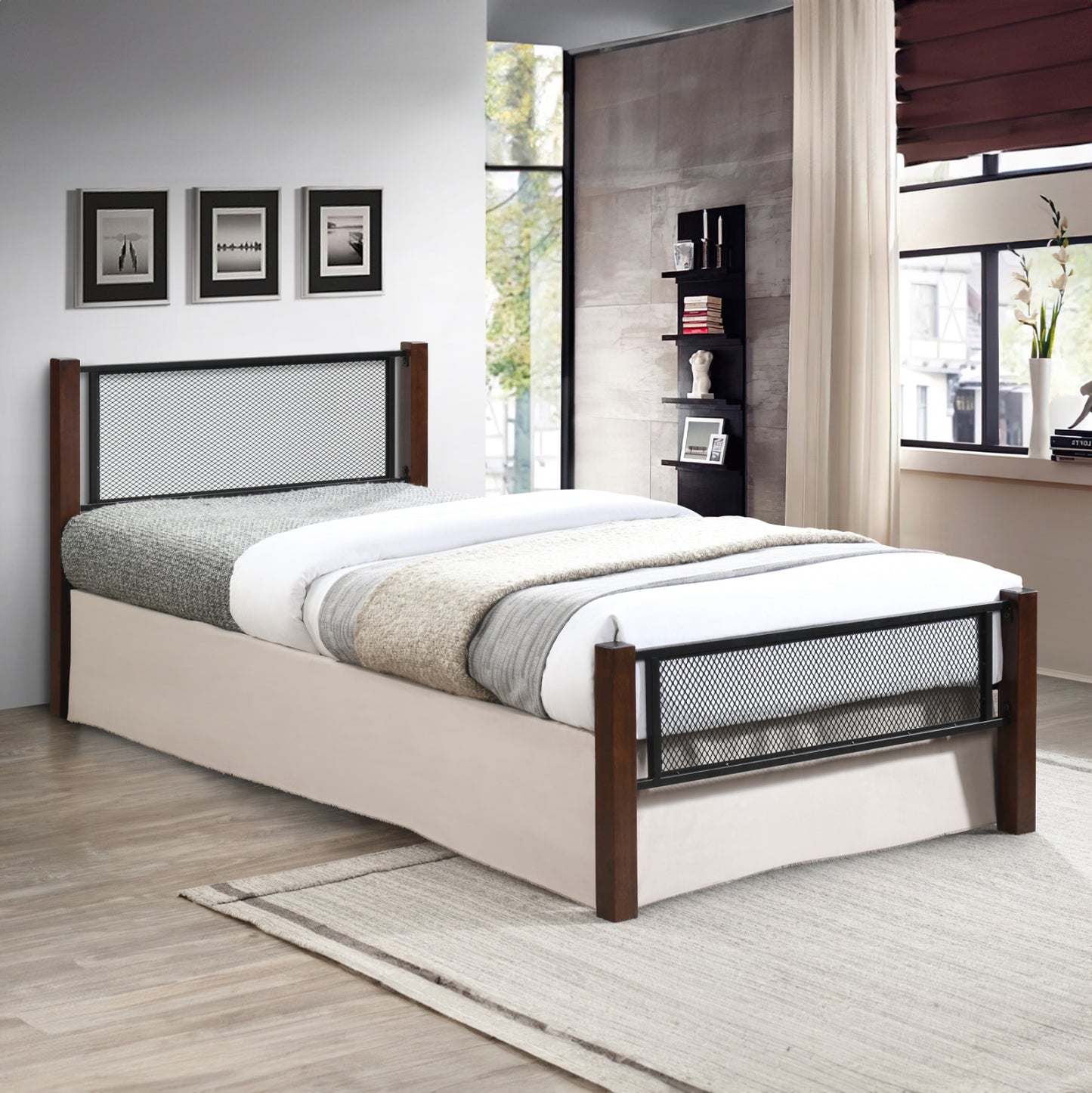 Single Bed Rayven Hm689 Rubberwood In Dirty Oak Color-metal In Black--for Mattress 90x190cm.