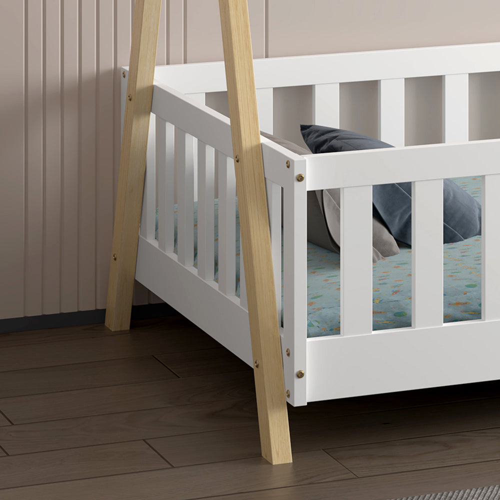 Bed With Railings Munk Hm21325 Pine Wood In Natural Wood/white Color--with Mattress 90x190cm