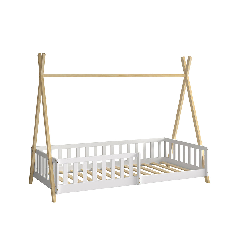 Bed For Kids With Railing Munk Hm739.03 T.montessori-pine Wood In Natural-white For Mattress 190x90cm.
