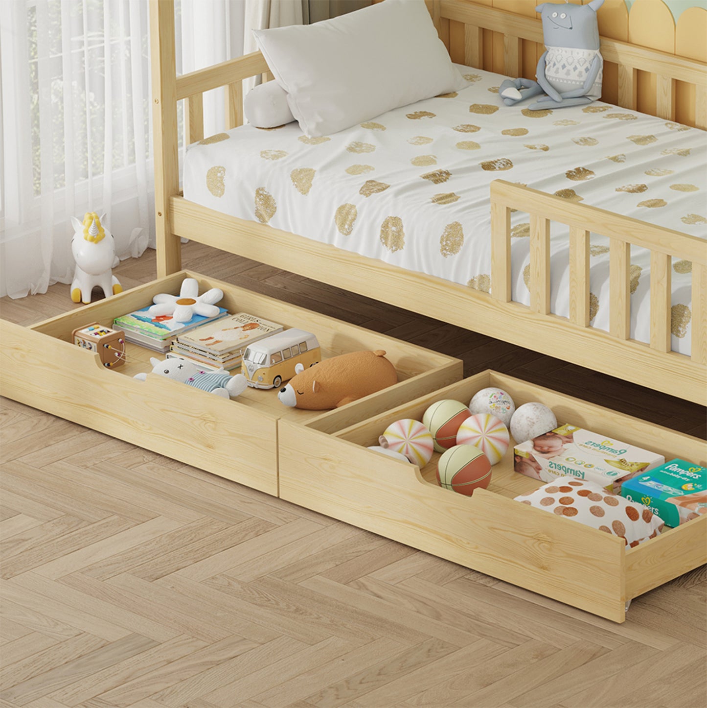 Kids' Bed With Drawers Phyllis Hm724.01 Pine Wood In Natural 196x97x161hcm.
