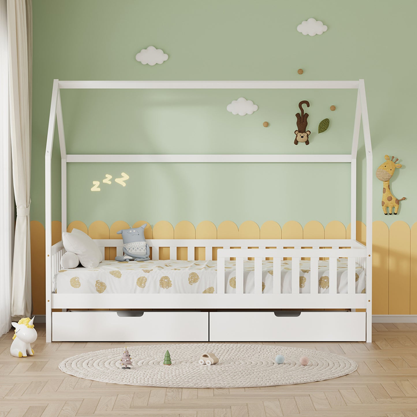 Kids' Bed With Drawers Phyllis Hm724.03 Pine Wood In White 196x97x161hcm.