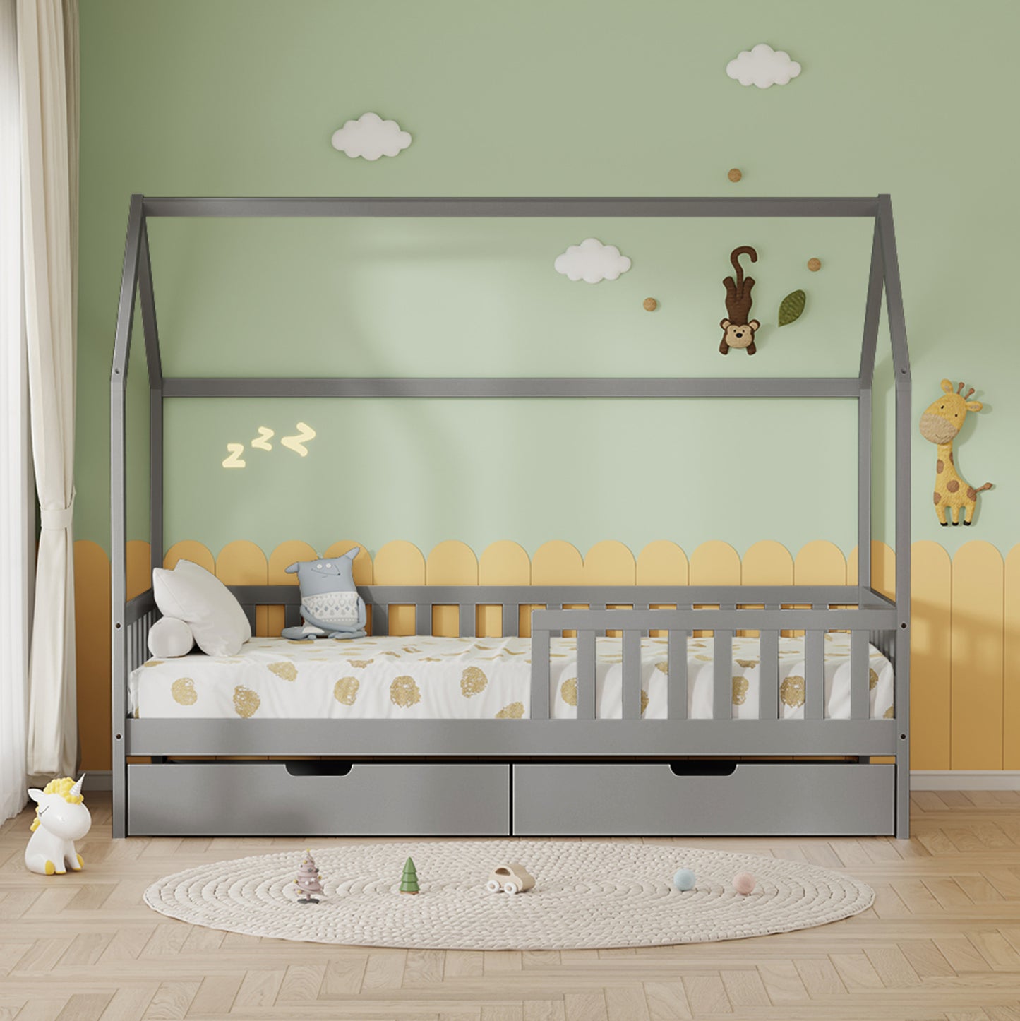 Kids' Bed With Drawers Phyllis Hm724.05 Pine Wood In Grey 196x97x161hcm.