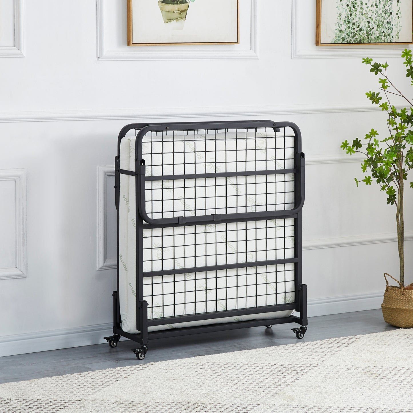 Portable Folding Bed With Mattress Netti Hm691.01 Metal In Matte Black 190x76x30hcm.