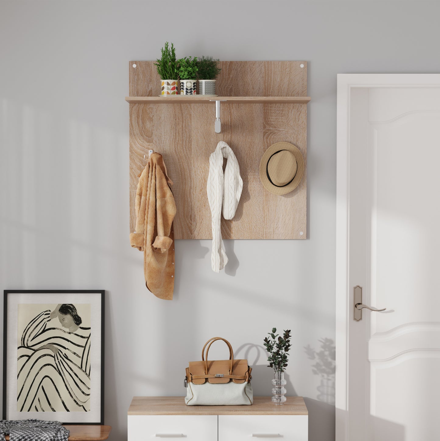 Coat Hanger With Shelf Hm4361 Melamine In Sonama Color 80x80x25(shelf Depth)cm.