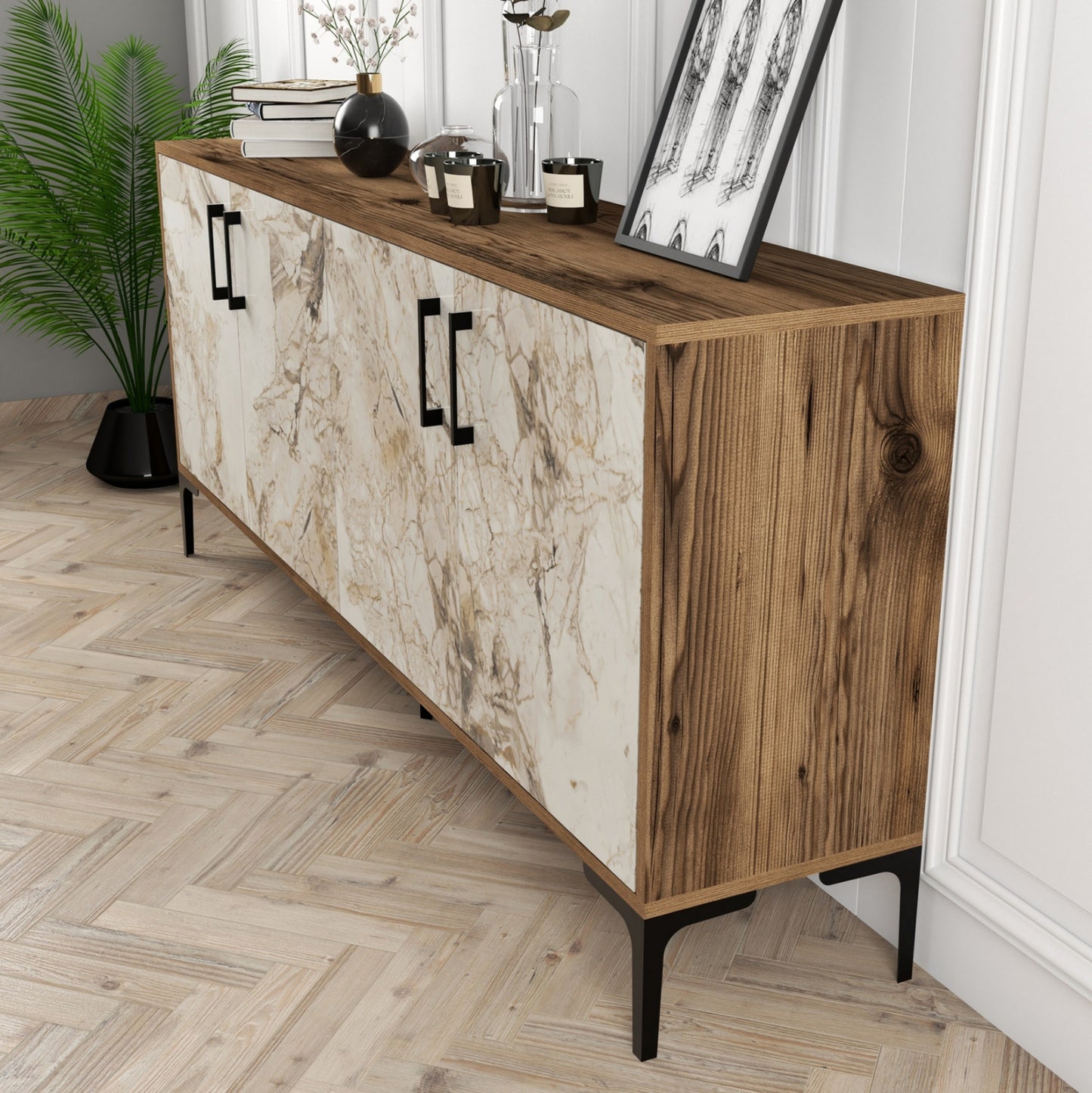 Buffet Melamine Ecru Marble Look And Walnut 180x35x78hcm.hm9428.02