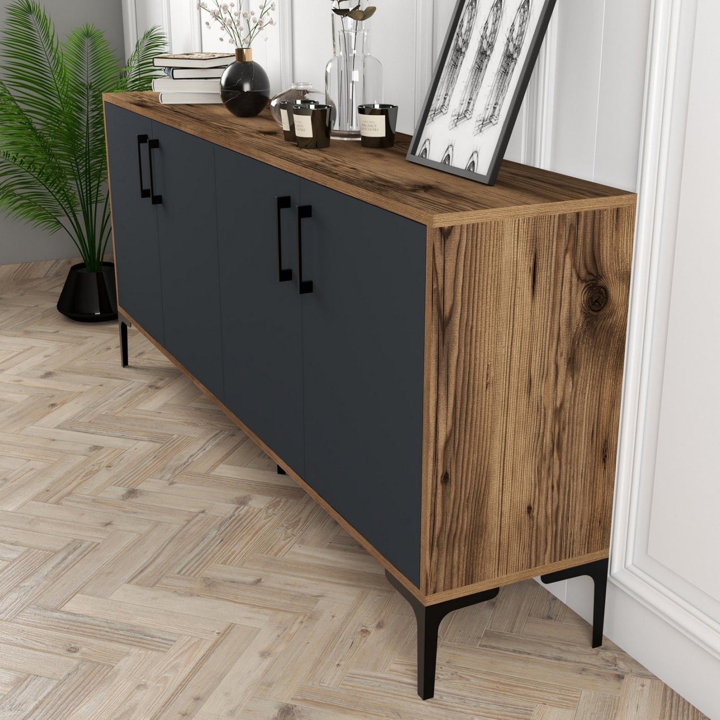 Buffet Melamine Walnut Color With Charcoal Grey Doors 180x35x78hcm.hm9428.01