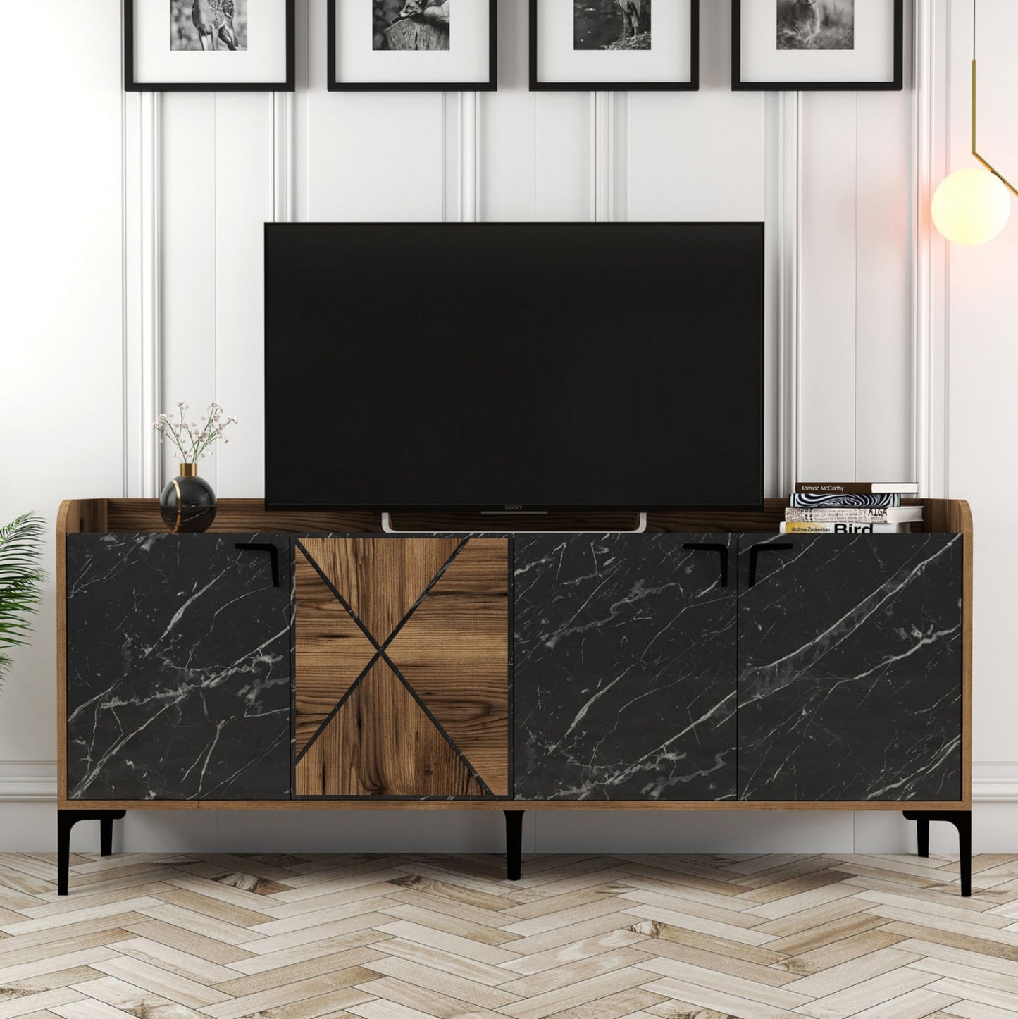 Buffet Melamine Hm9433.03 Walnut With Black Marble-look Doors 180x35x78hcm.
