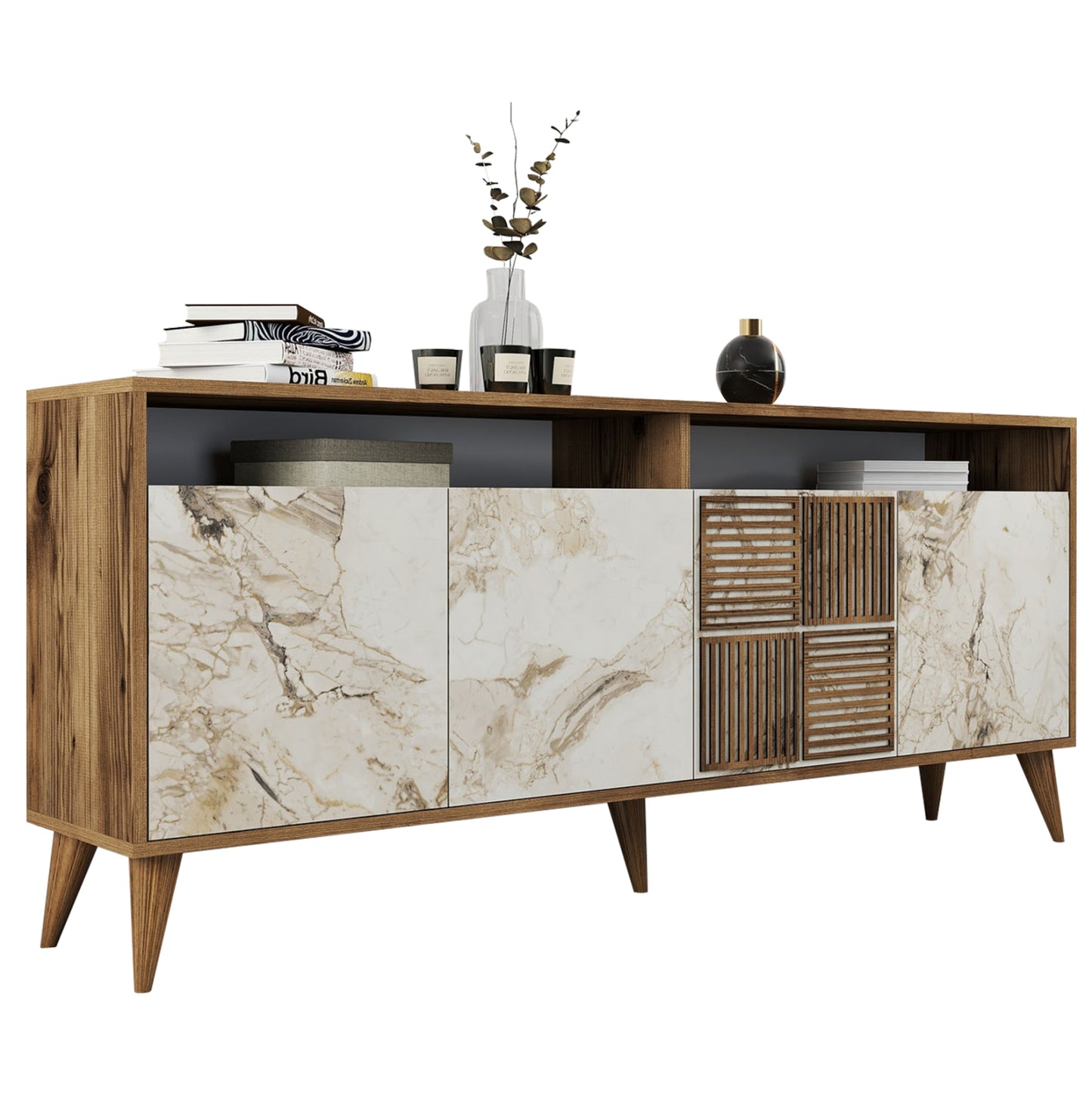 Buffet Melamine In Walnut Color And White Marble-look Doors 180x35x78,6hcm.hm9431.03
