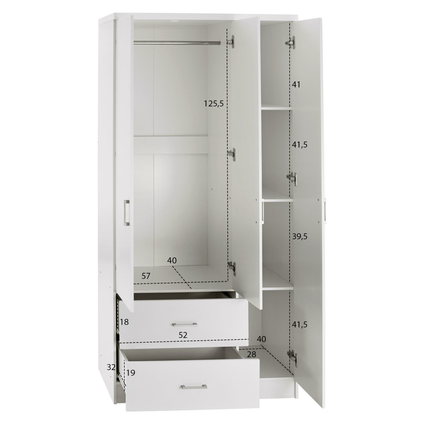 Wardrobe With 3 Doors And 2 Drawers Hm340.05 In White 89x42,5x181 Cm.
