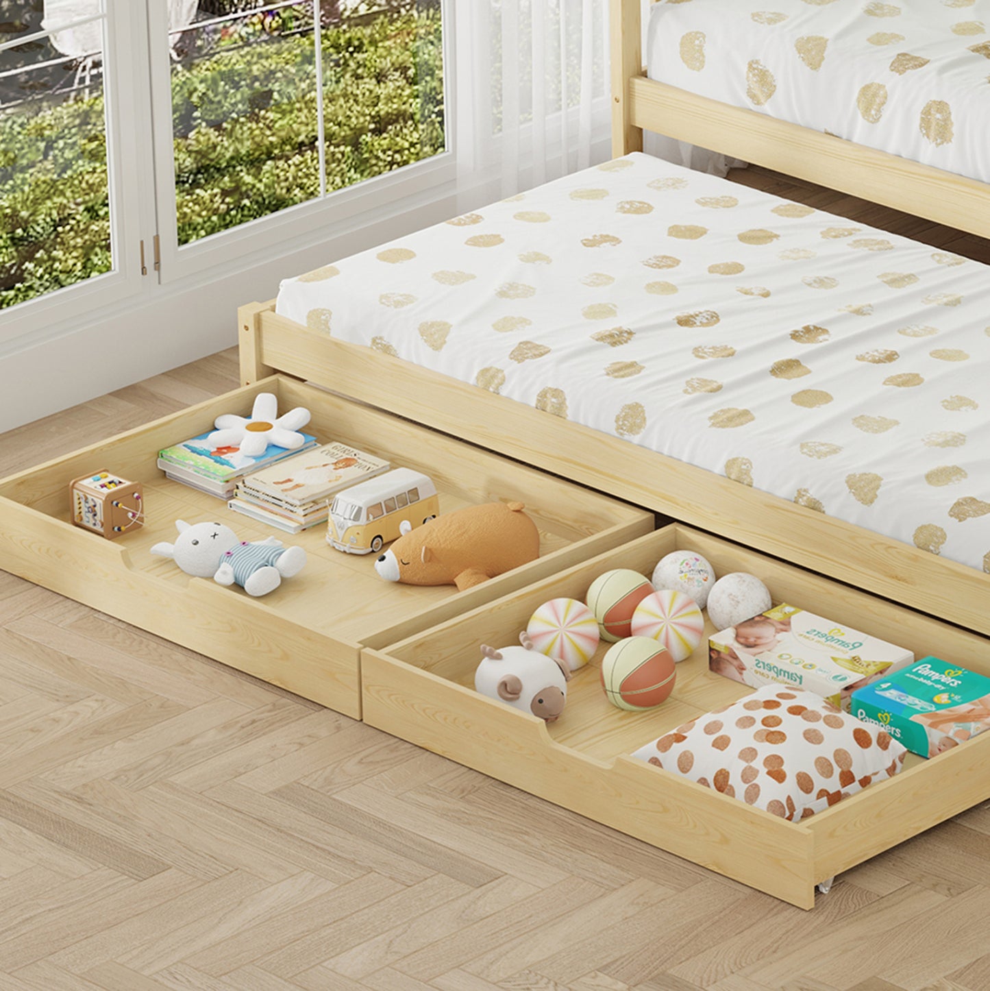 Kid's Bed With Retractable Second Bed & Drawers Phyllis Hm723.01 Pine Wood In Natural 206x97x166hcm.
