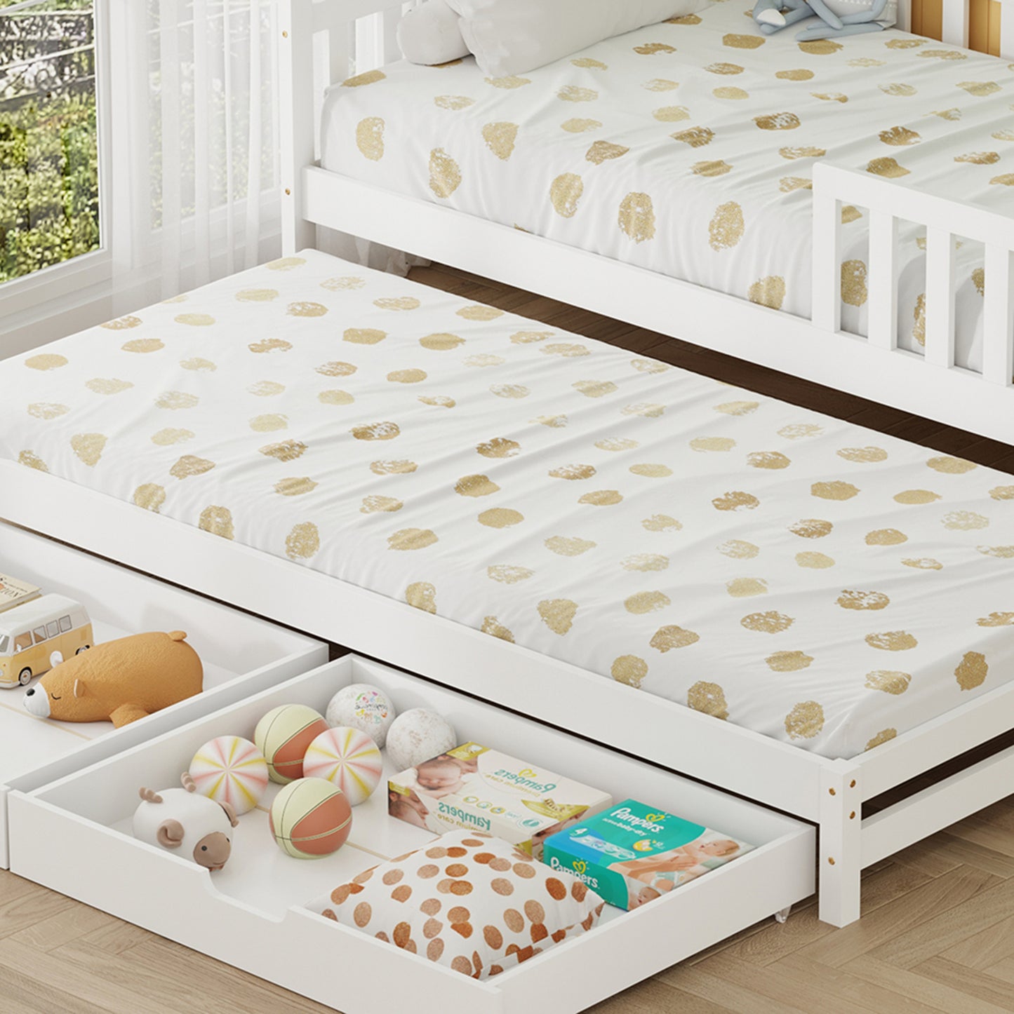 Kids' Bed With Mattresses & Drawers Phyllis Hm21323.03 Pine Wood In White 206x97x166hcm.