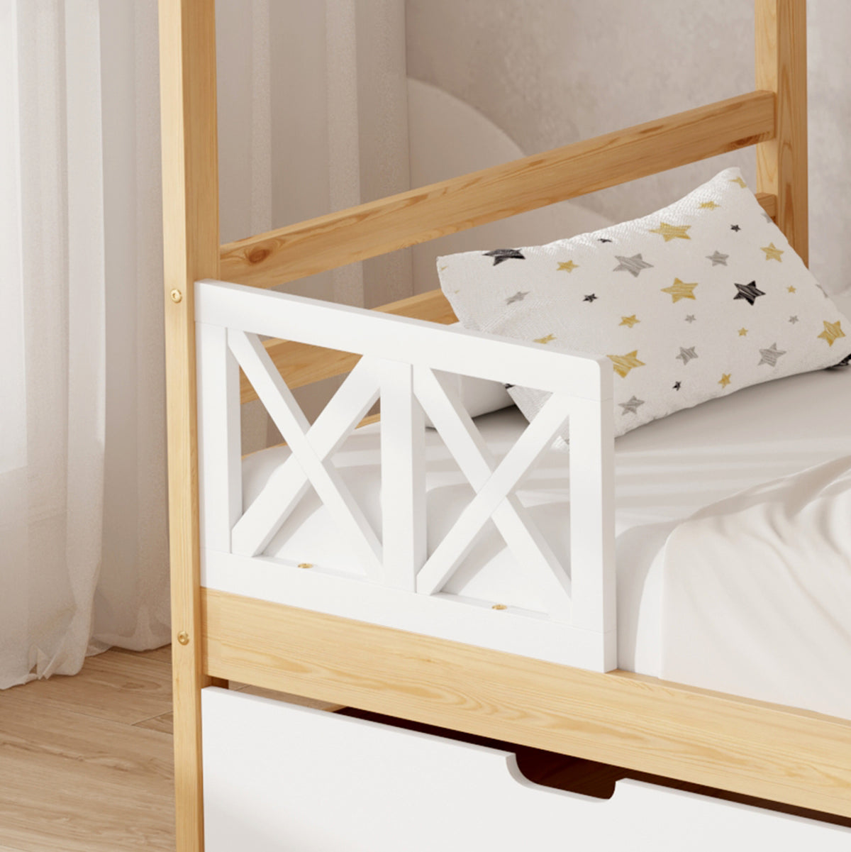 Children's Bed With Drawers Rooftop Hm754.03 Pine Wood-natural/white 197x97x192hcm