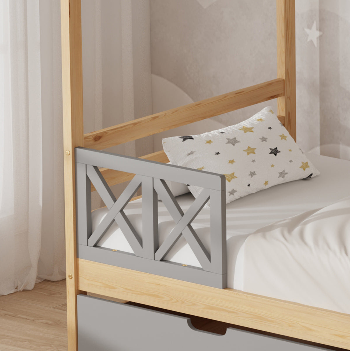 Children's Bed With Drawers Rooftop Hm754.05 Pine Wood--natural/grey 197x97x192hcm