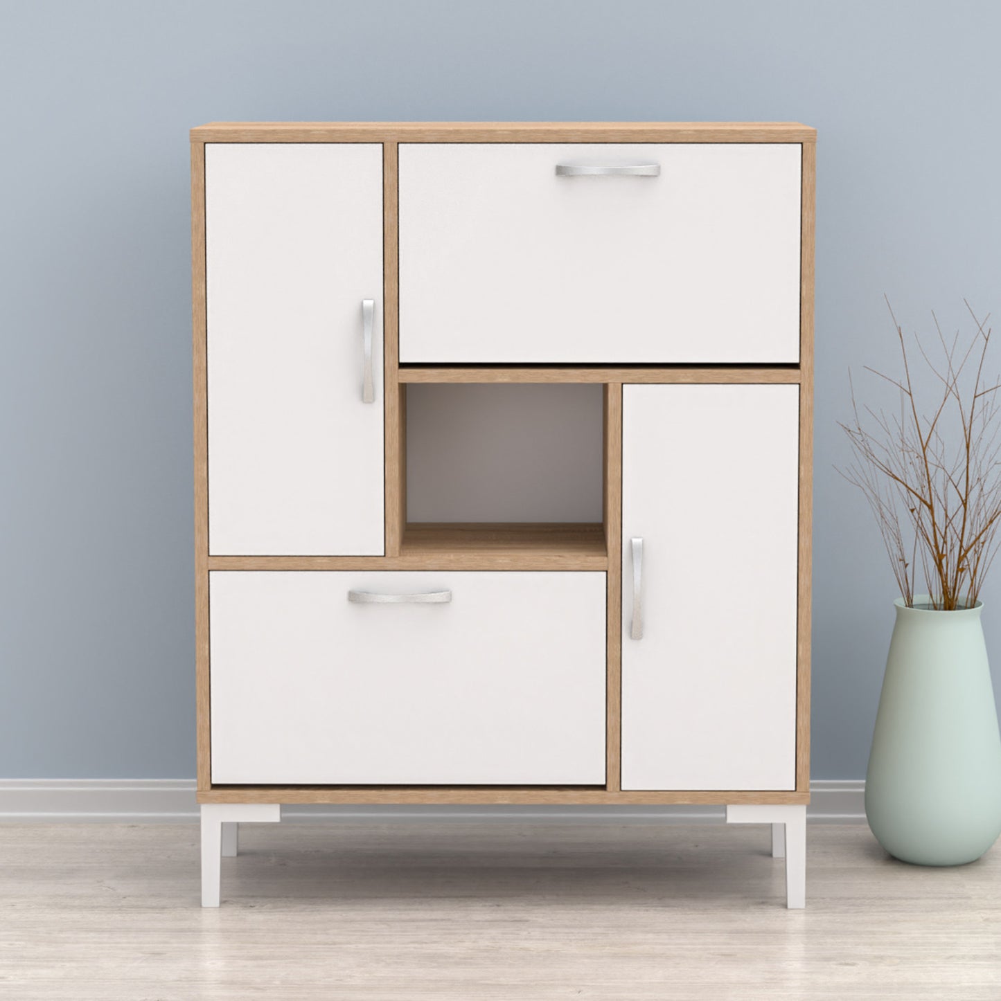 Shoe Cabinet Medy Hm18187.04 Melamine In White & Sonama-white Legs 86,5x30x109hcm.