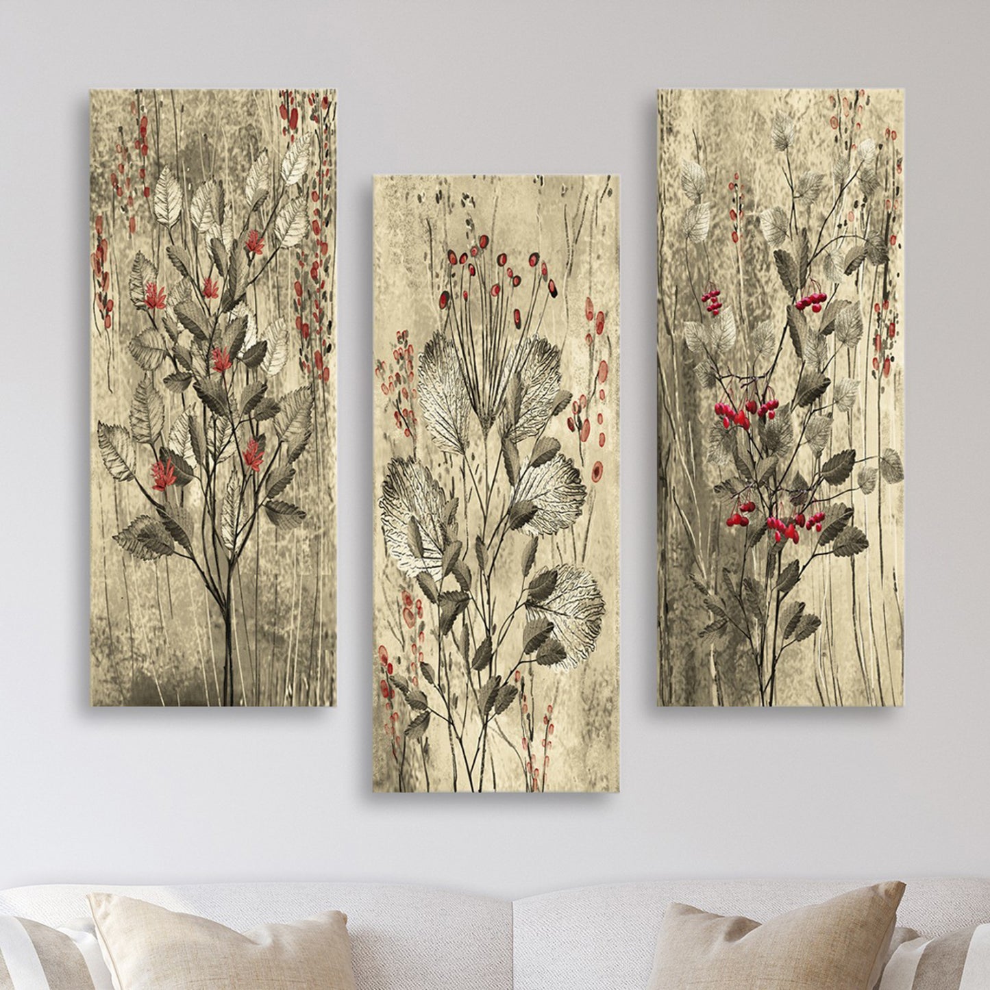 Canvas 3 Piece Set Mdf Red Flowers And Berries Hm7204.01 60x50x0,3 Cm.