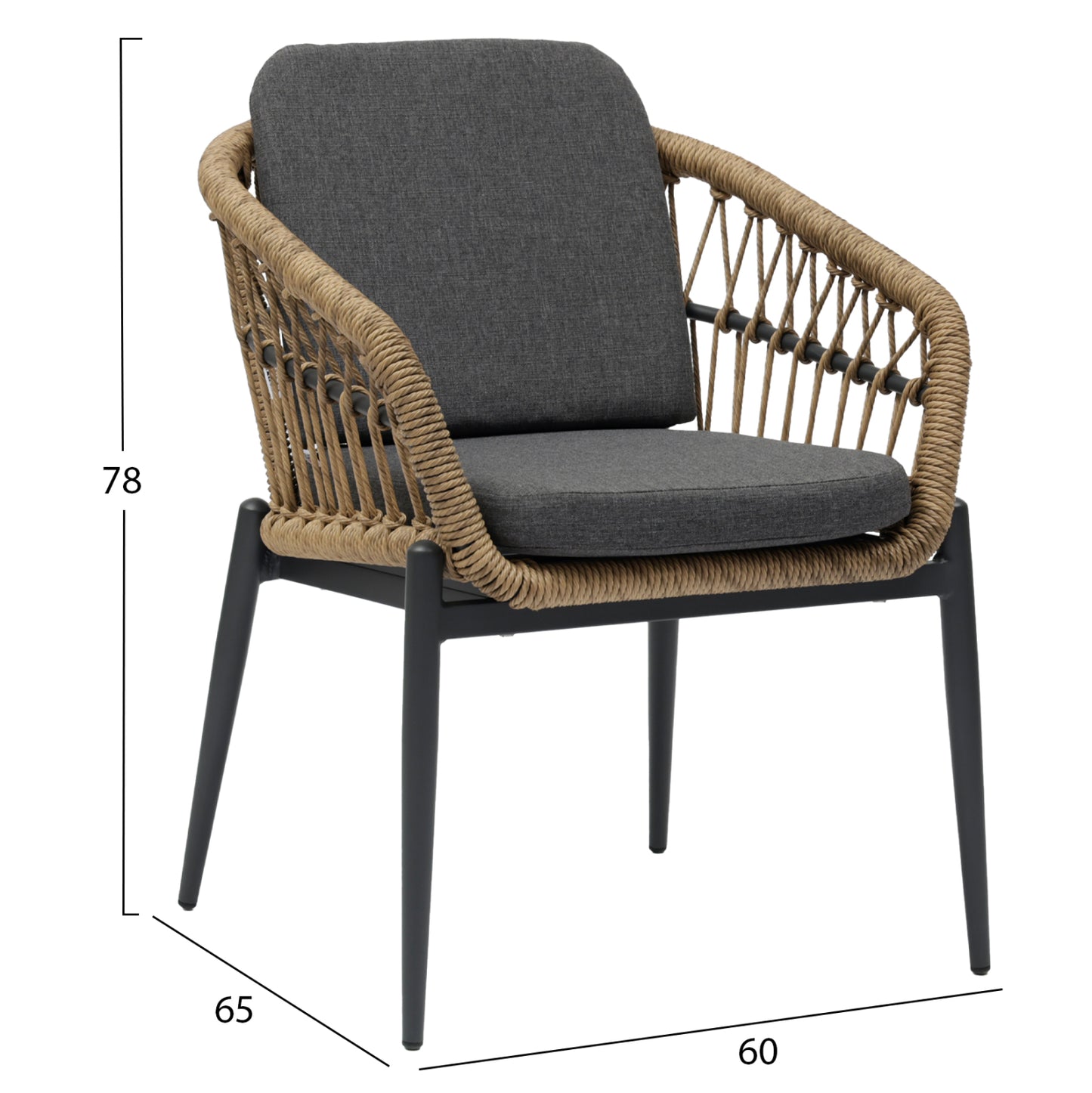 Aluminum Armchair Galdin ΗΜ6272.01 Dark Grey Frame & Cushions-p.e. Rattan In Natural 61x65x82hcm.