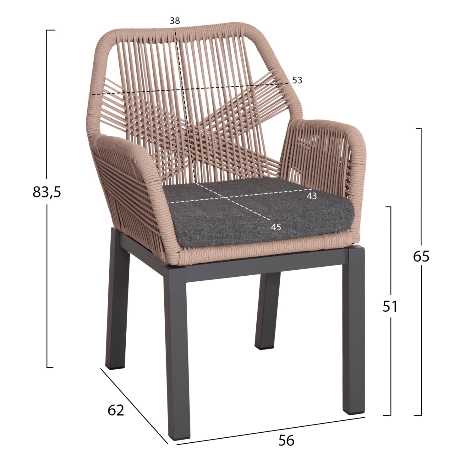 Aluminum Armchair Howard ΗΜ5543.12 Anthracite Color-beige P.e.rope & Dark Grey Cushion 56x62x83.5hcm.