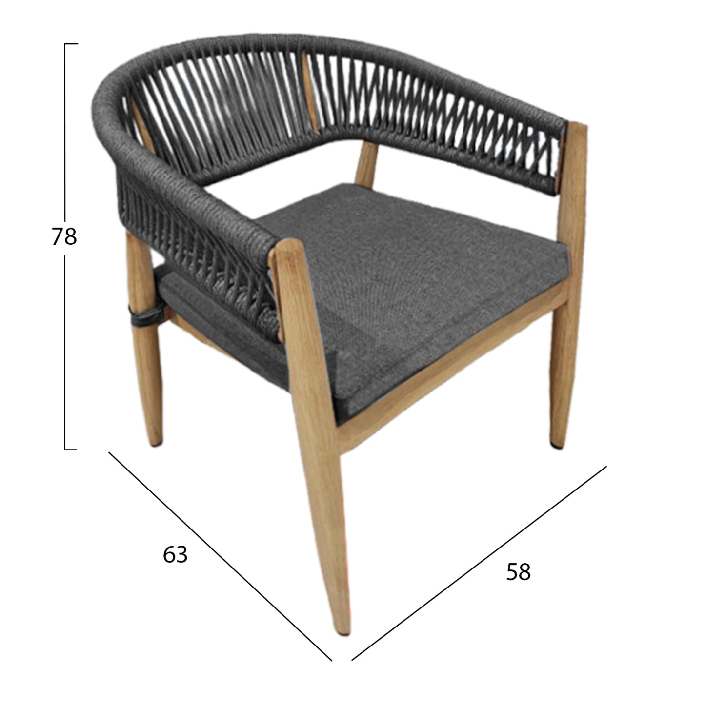 Dining Armchair Liston Hm6646 Bamboo-look Aluminum--olefin Fabric & Rope In Charcoal Color 58x63x78hcm