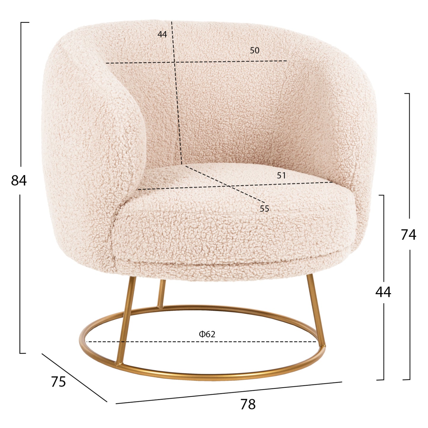 Armchair Arien Hm8403.20 Boucle Fabric In Ecru-gold Metal Base 78x75x84hcm.