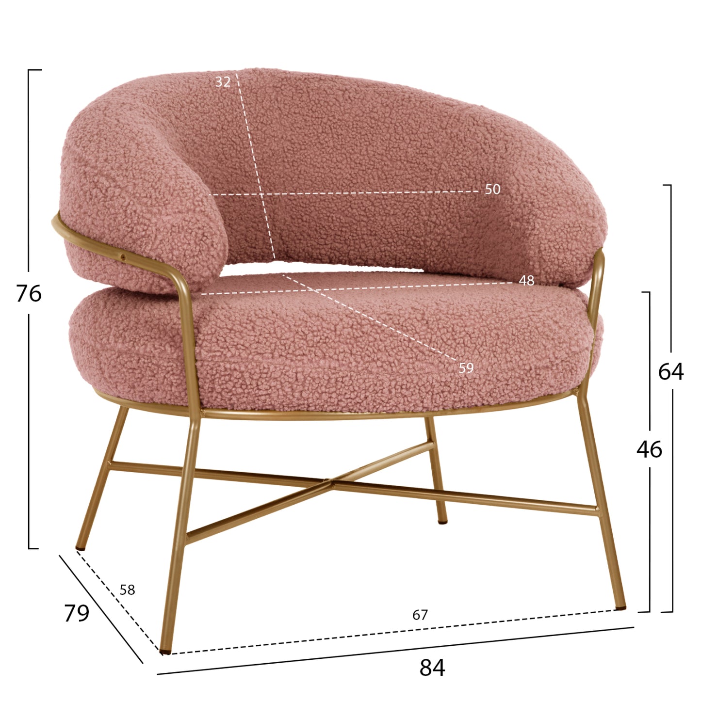 Armchair Trudi Hm8639.22 Dusty Pink Boucle Fabric And Gold Metal Frame 84x79x76hcm.