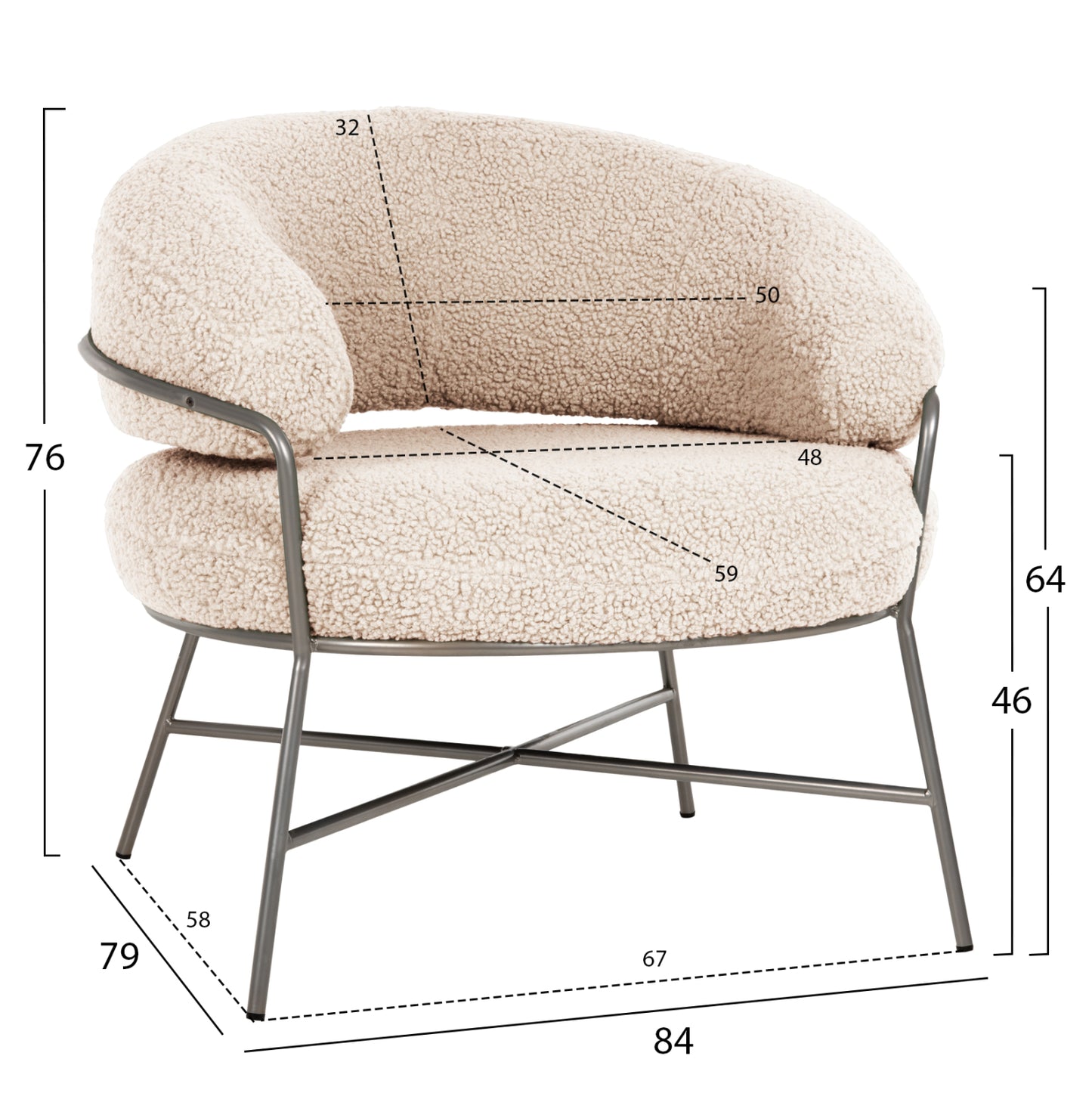 Armchair Trudi Hm8639.23 White Boucle Fabric And Silver Metal Frame 84x79x76hcm.