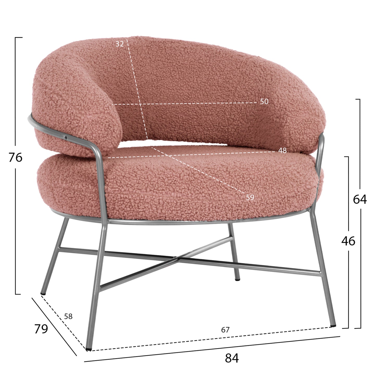 Armchair Trudi Hm8639.32 Dusty Pink Boucle Fabric And Silver Metal Frame 84x79x76hcm.