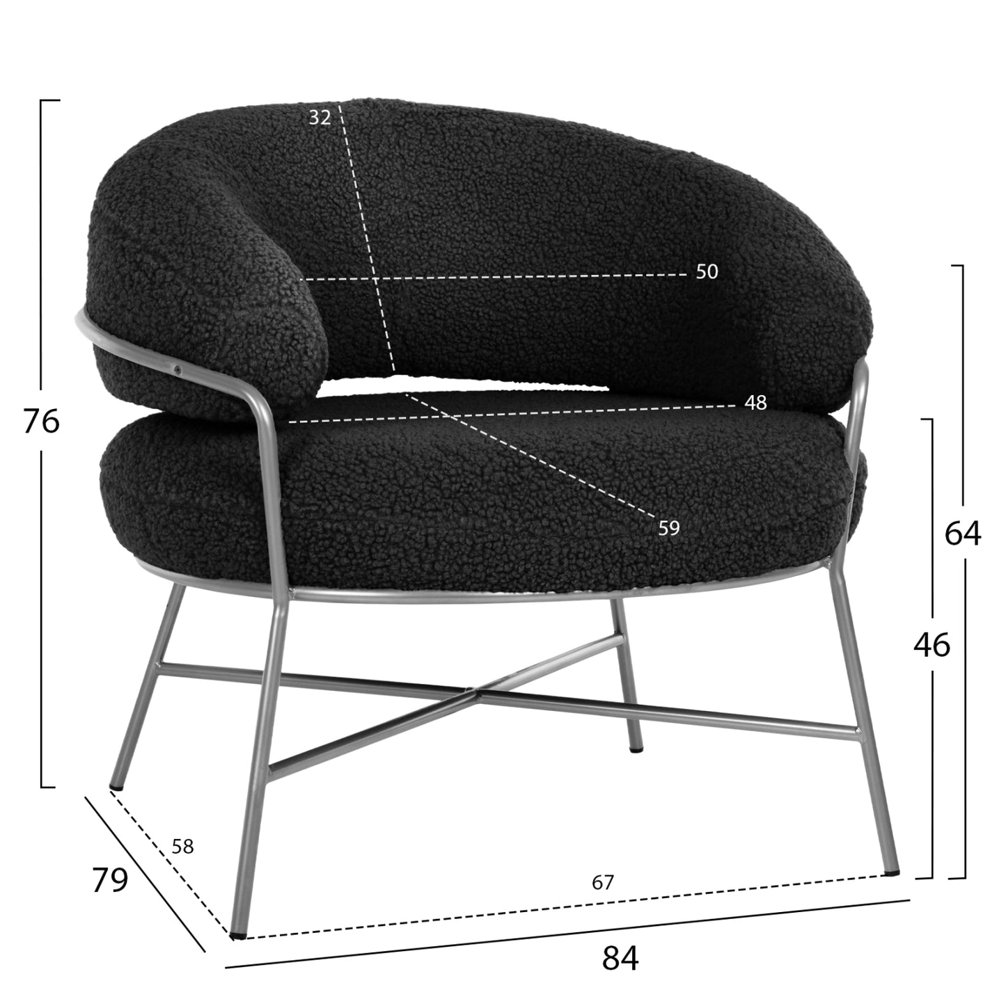 Armchair Trudi Hm8639.34 Black Boucle Fabric And Silver Metal Frame 84x79x76hcm.