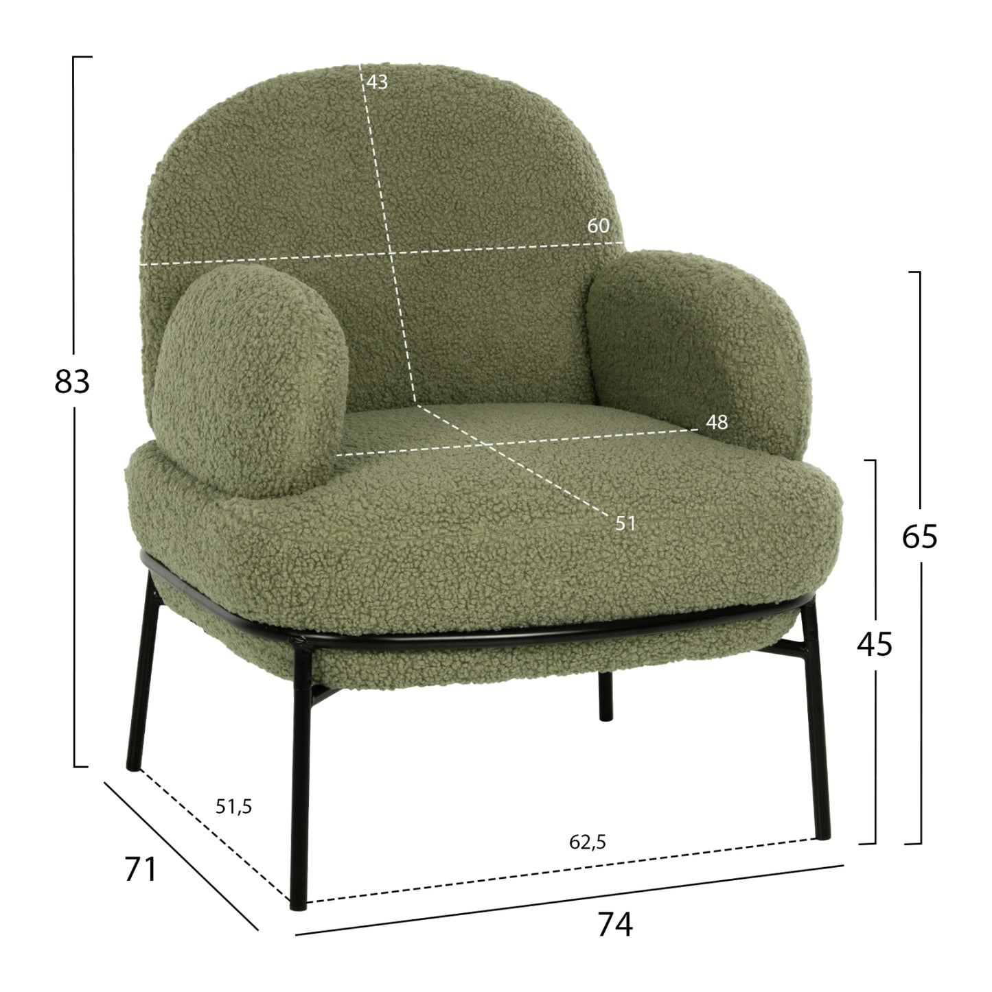 Armchair Agnes Hm9525.27 Pistachio Green Boucle Fabric-black Metal Legs 74x71x83hcm.